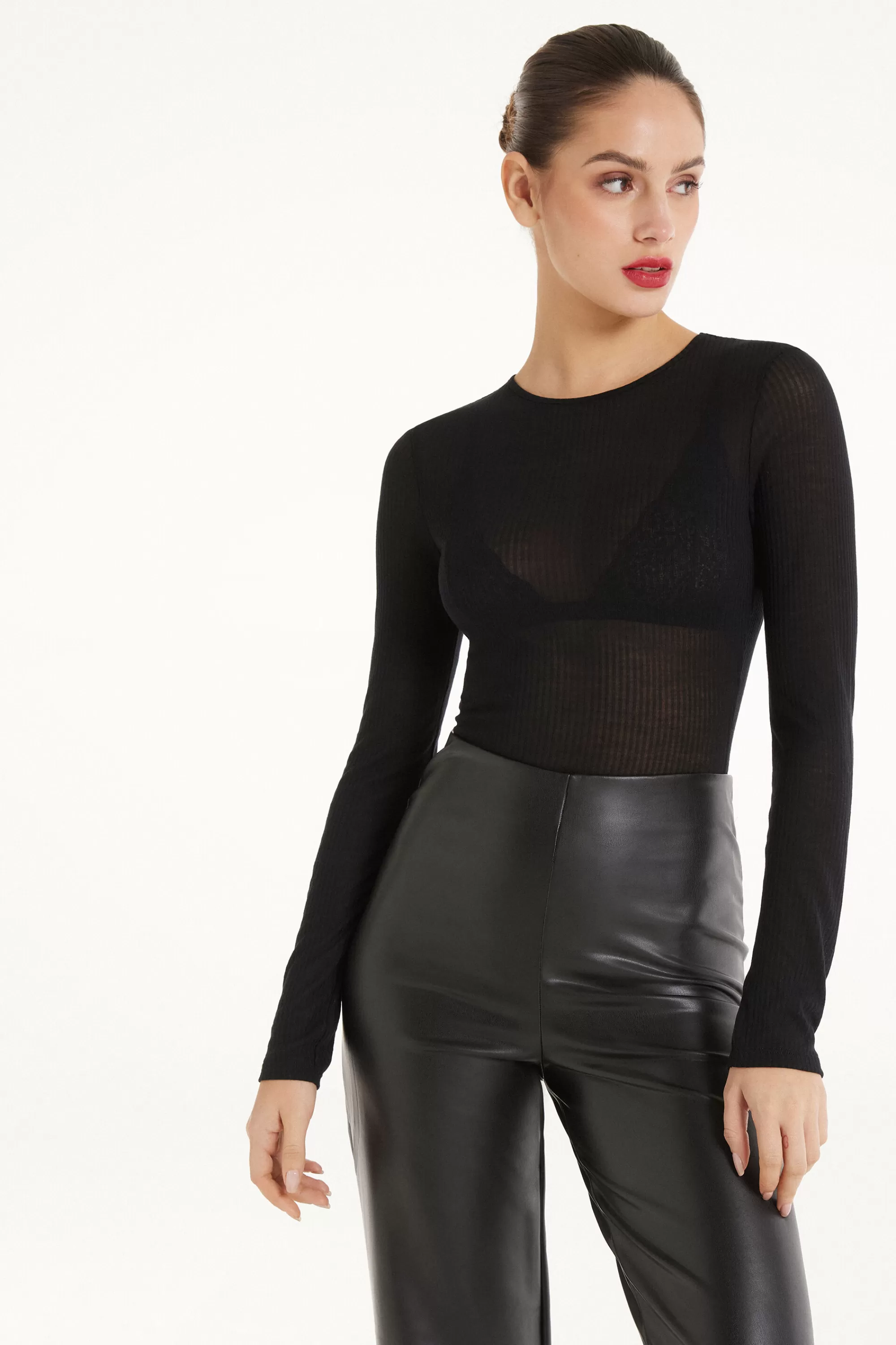 Online Body Manica Lunga Girocollo Viscosa Ultraleggera A Costine - Body - Donna | Body | Maglie maniche lunghe