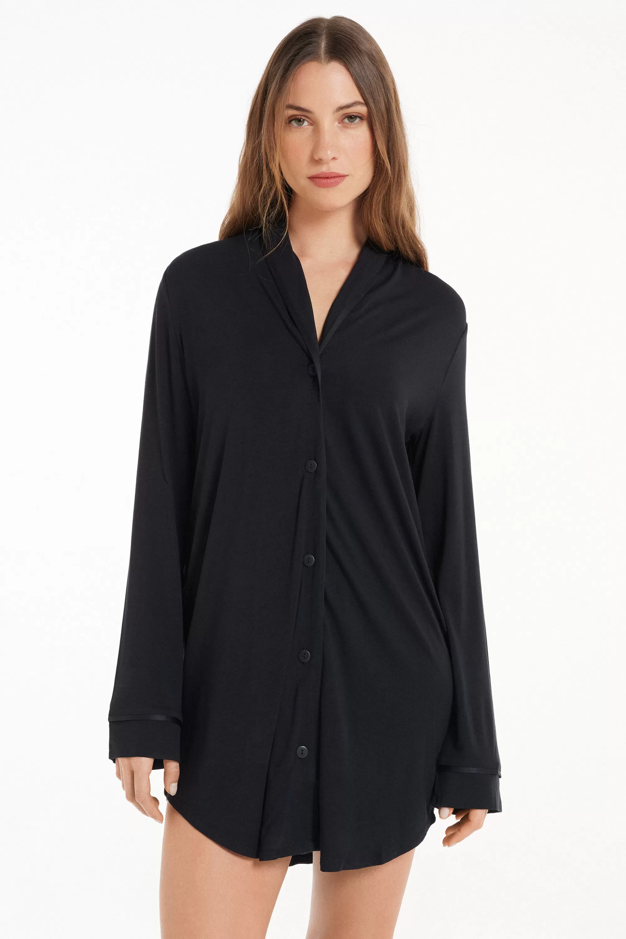 Sale Camicia Da Notte Manica Lunga Con Bottoni Profili Raso - Camicie Da Notte E Vestaglie - Donna | Camicie da notte e Vestaglie