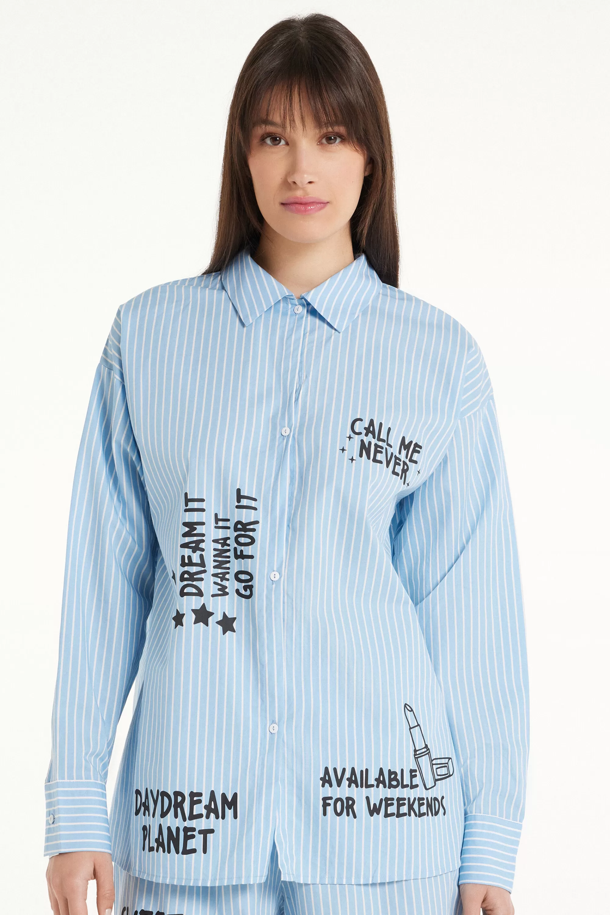 New Camicia Manica Lunga Gessato Scritte Over - Pigiami Combinabili - Donna | Maglie maniche lunghe | Camicie da notte e Vestaglie