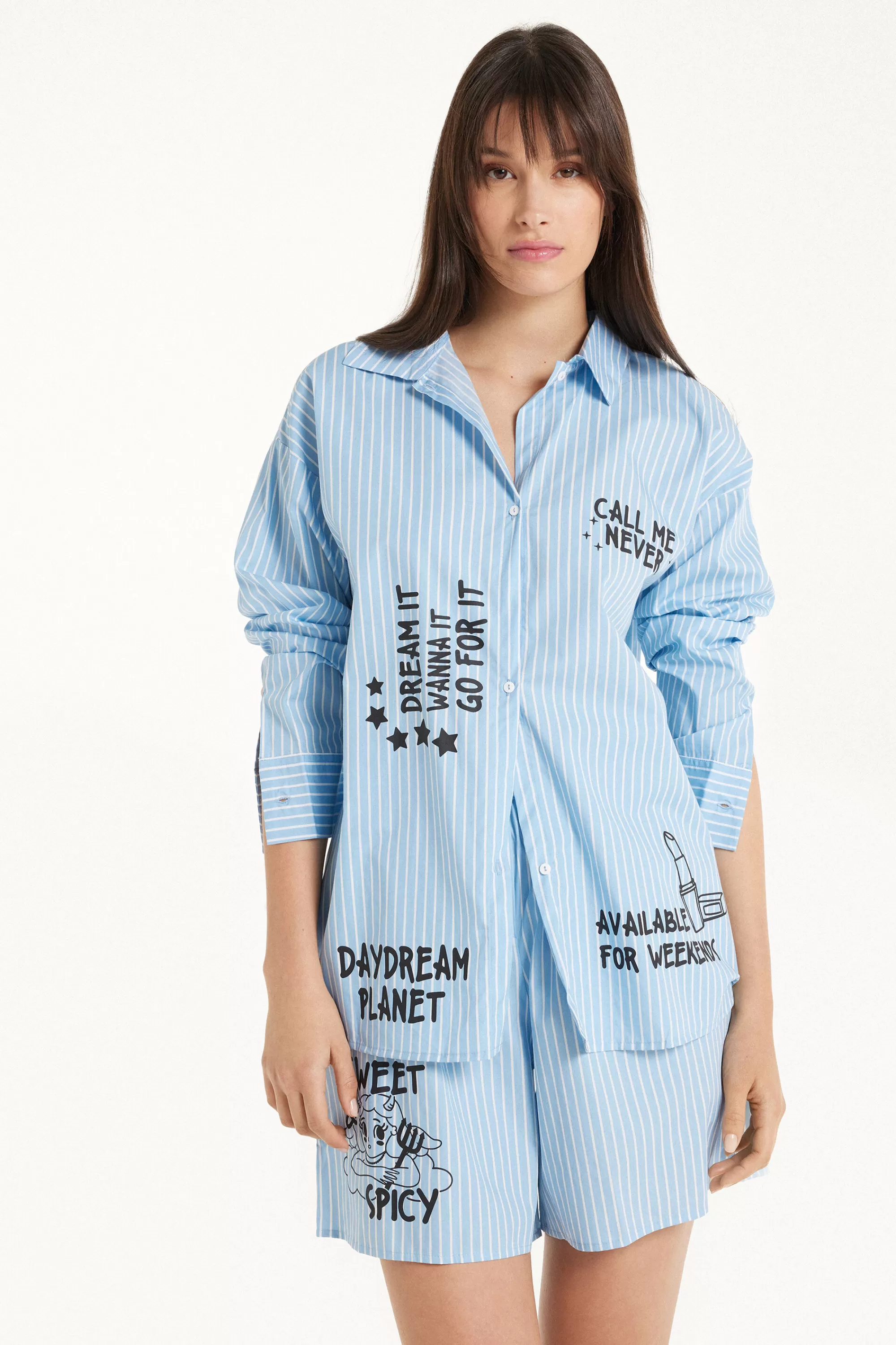 New Camicia Manica Lunga Gessato Scritte Over - Pigiami Combinabili - Donna | Maglie maniche lunghe | Camicie da notte e Vestaglie