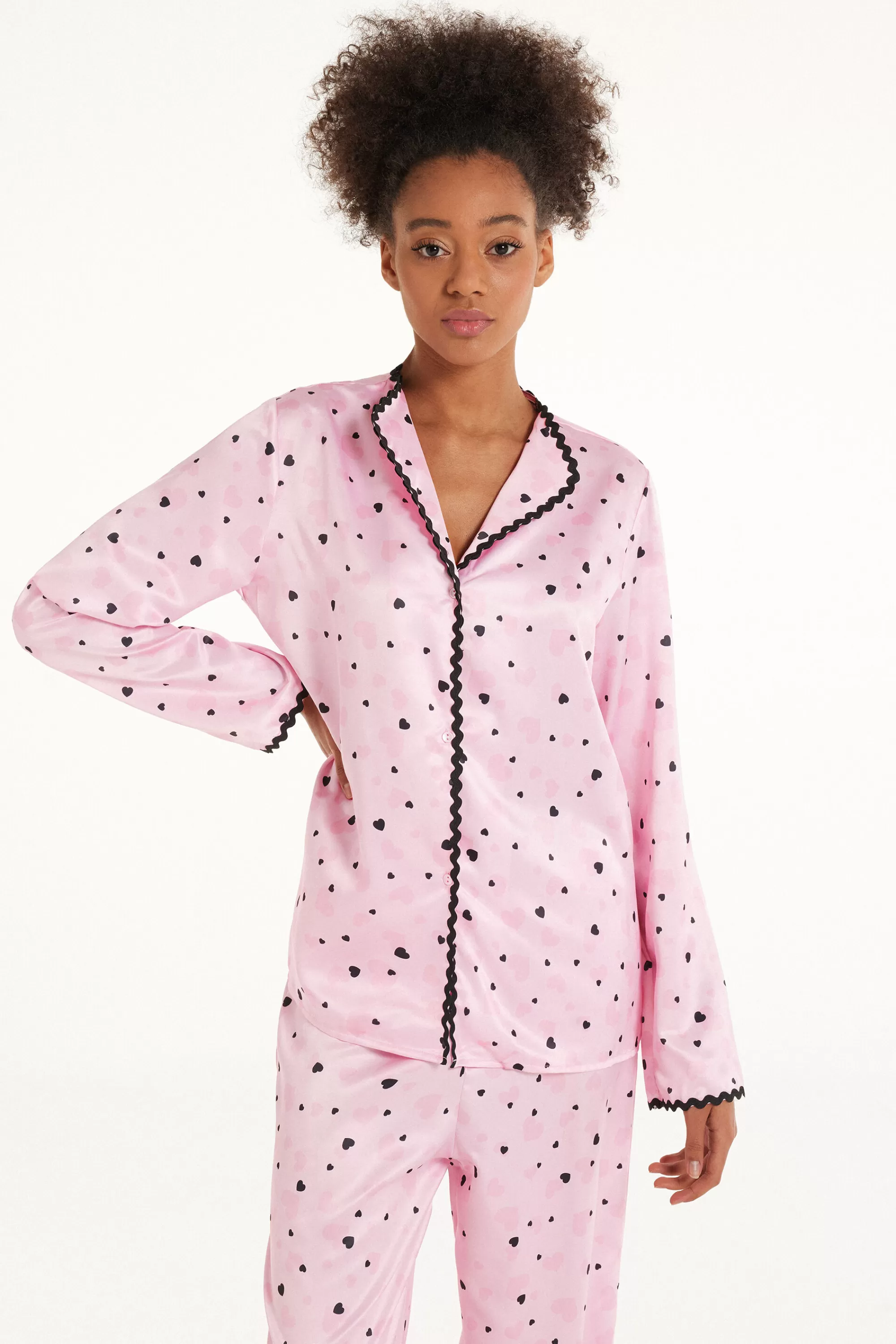 Clearance Camicia Manica Lunga Raso Cuoricini - Pigiami Combinabili - Donna | Maglie maniche lunghe | Camicie da notte e Vestaglie