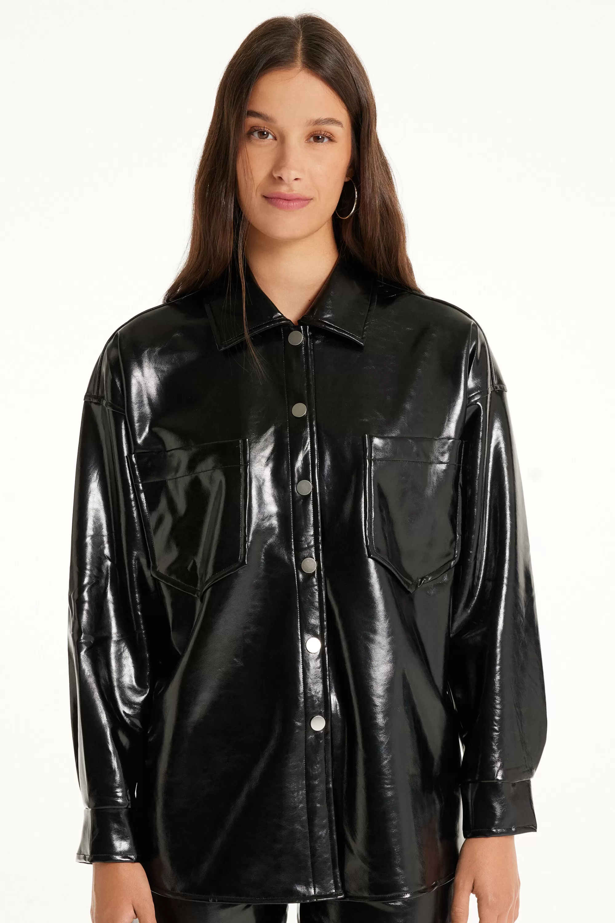 Shop Camicia Maniche Lunghe In Vinile Effetto Martellato - Maglie Maniche Lunghe - Donna | Maglie maniche lunghe