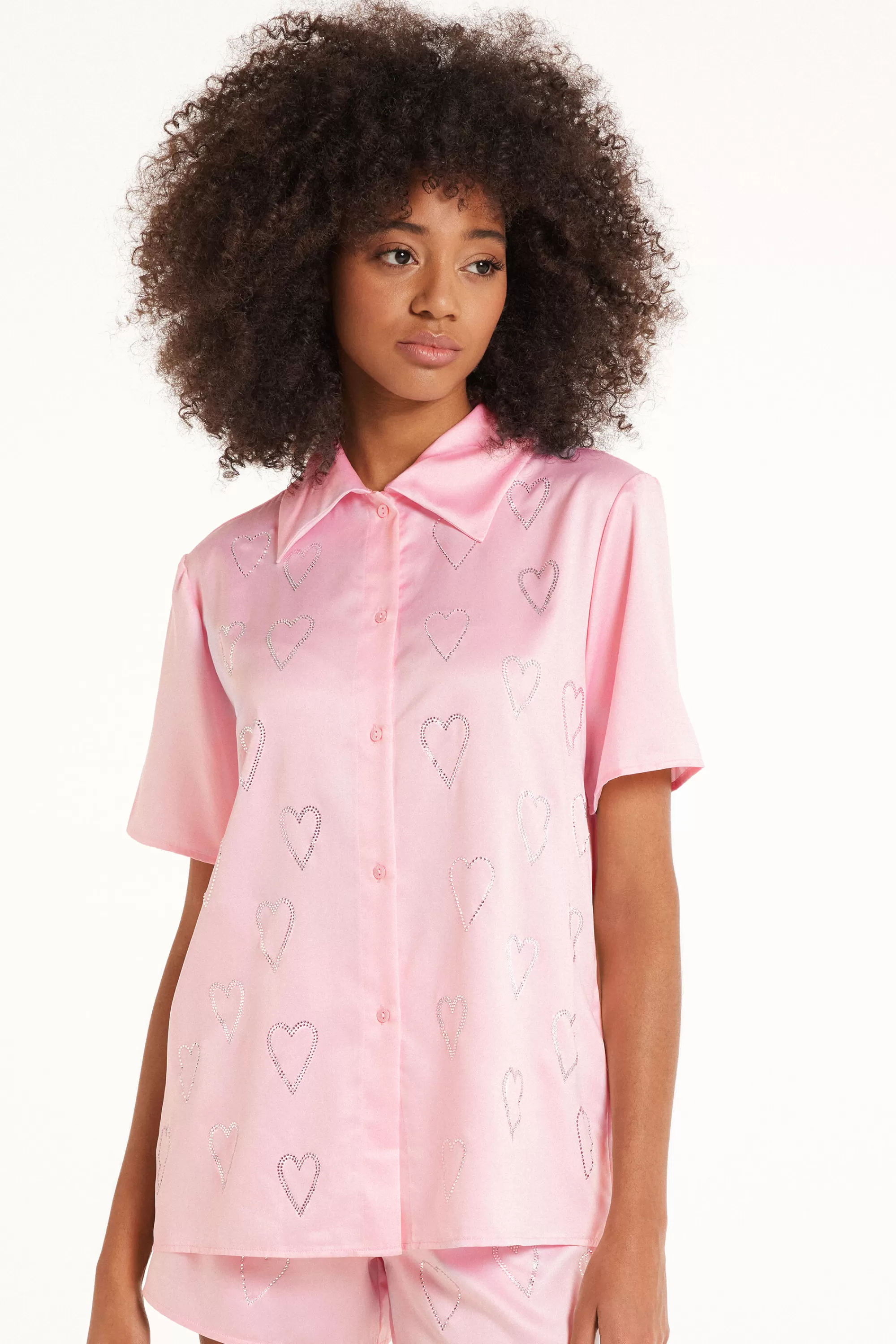 Online Camicia Mezza Manica In Raso Con Cuori Strass - Pigiami Corti - Donna | Pigiami corti