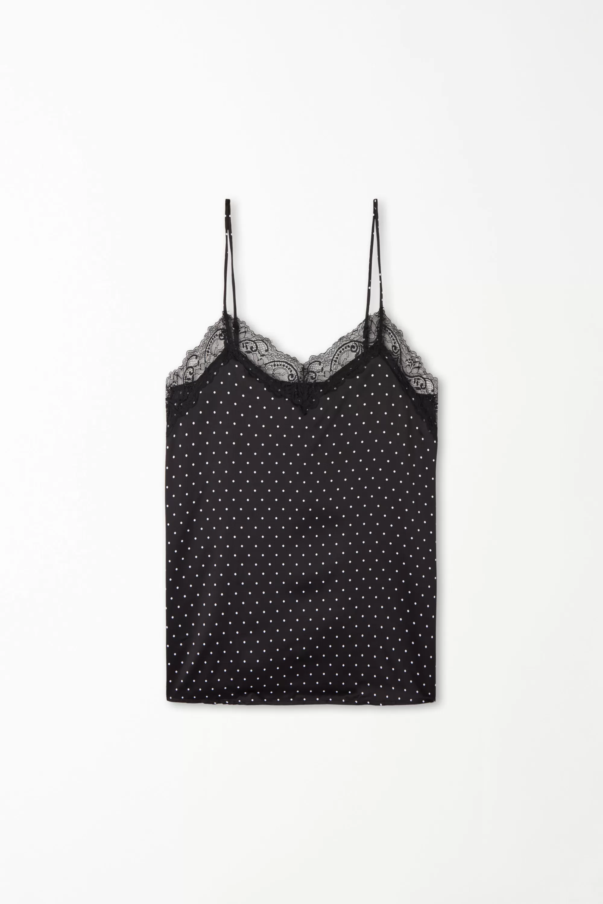 New Canotta Con Spalline Sottili In Raso Stampato E Pizzo - Pigiami Combinabili - Donna | Canotte e Top | Pigiami combinabili