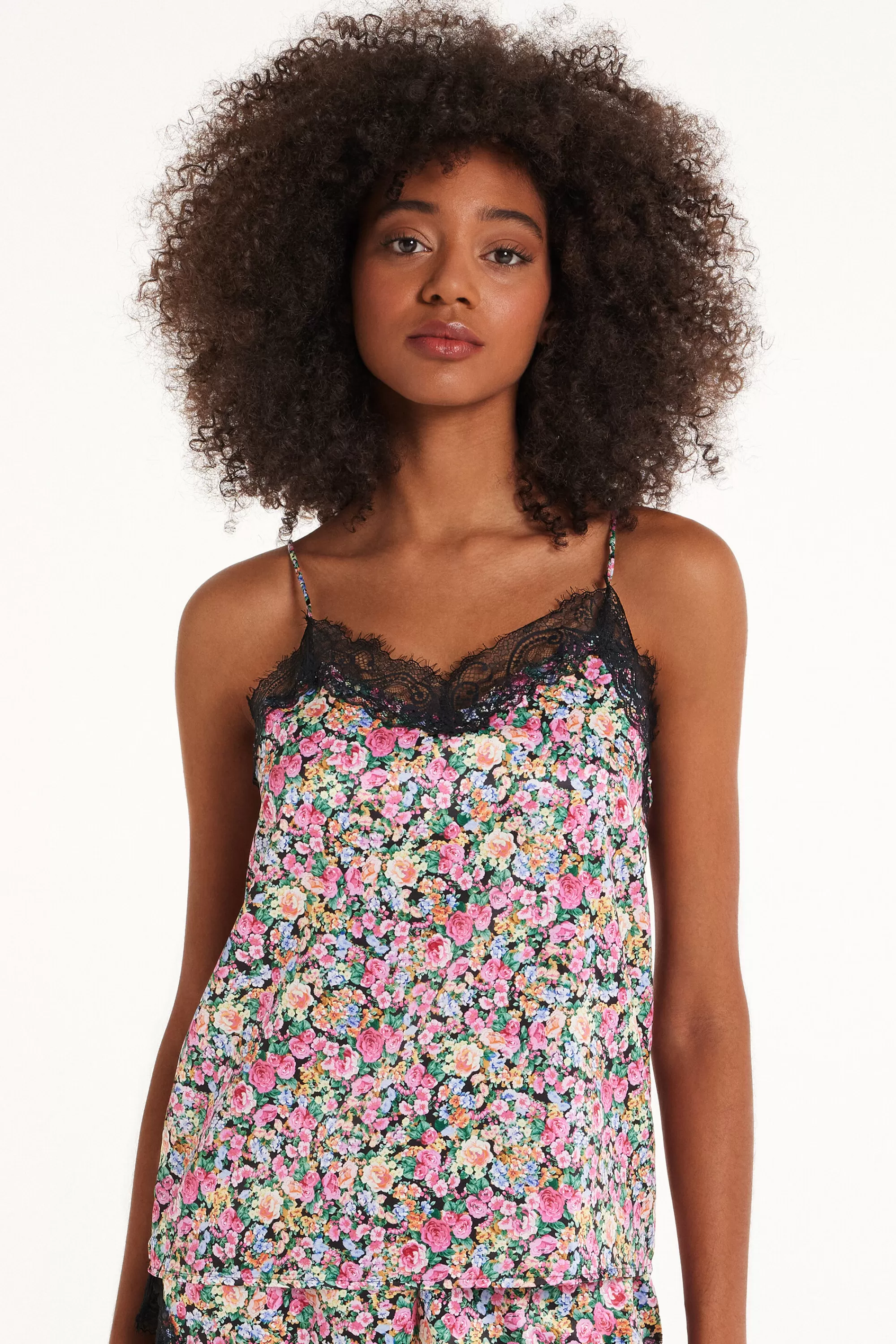 Store Canotta Con Spalline Sottili In Raso Stampato E Pizzo - Pigiami Combinabili - Donna | Canotte e Top | Pigiami combinabili