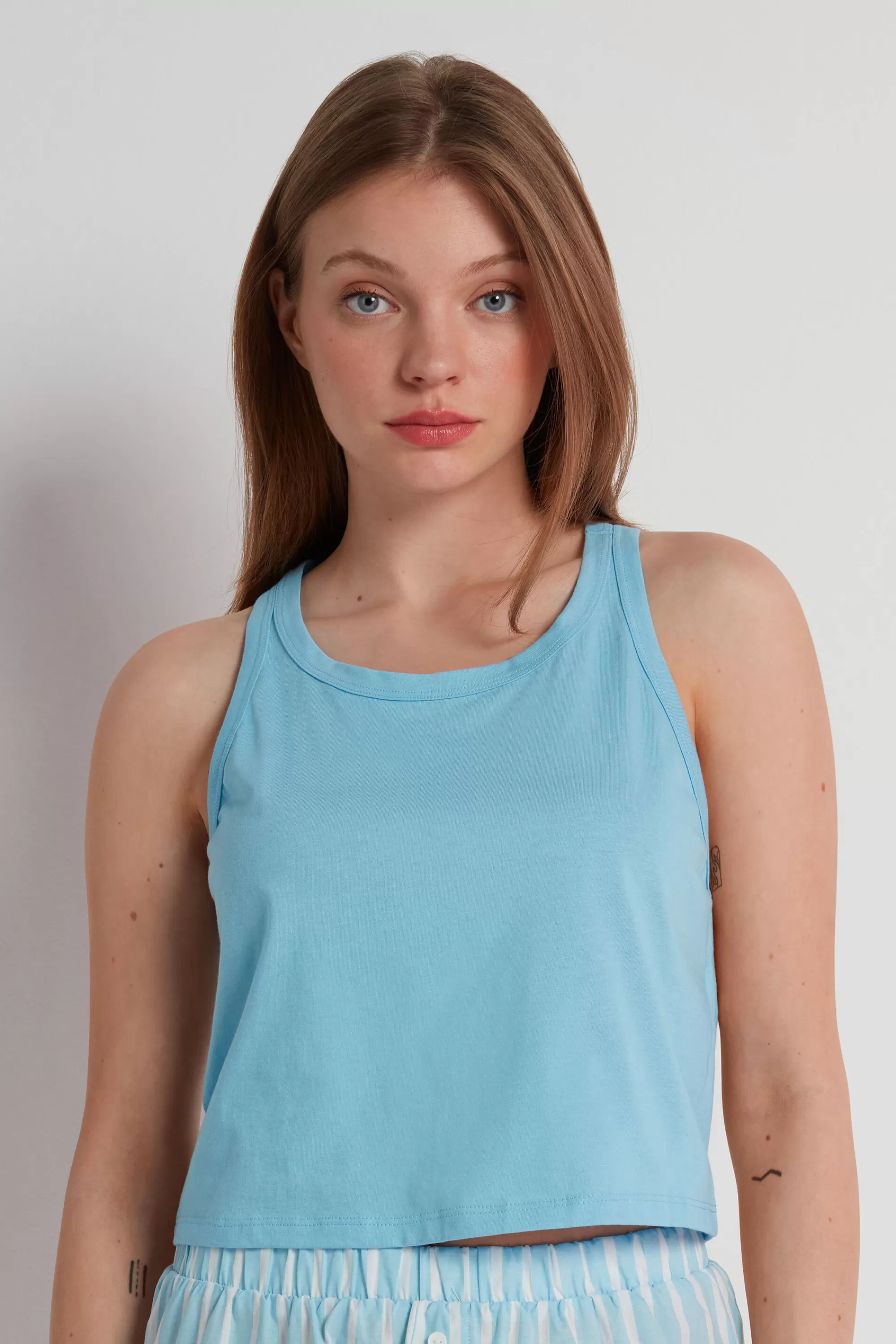 Fashion Canotta Corta In Cotone Spalle Americana - Pigiami Combinabili - Donna | Canotte e Top | Pigiami combinabili