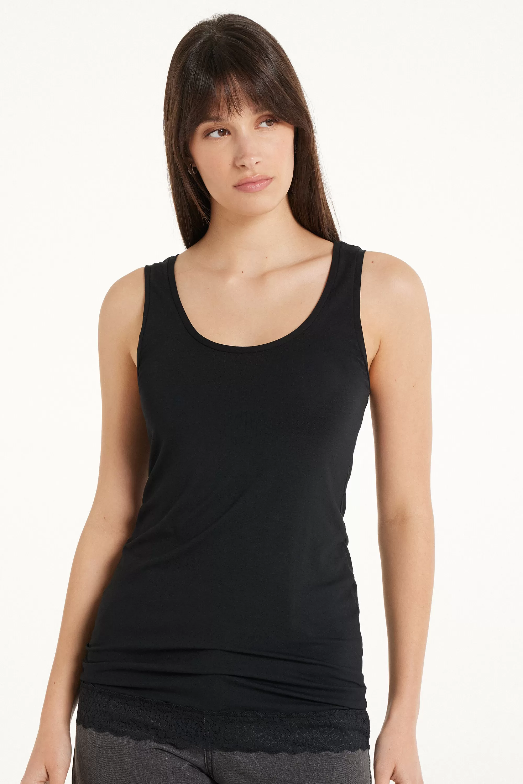 Online Canotta Lunga A Spalla Larga Viscosa Con Pizzo - Canotte E Top - Donna | Canotte e Top