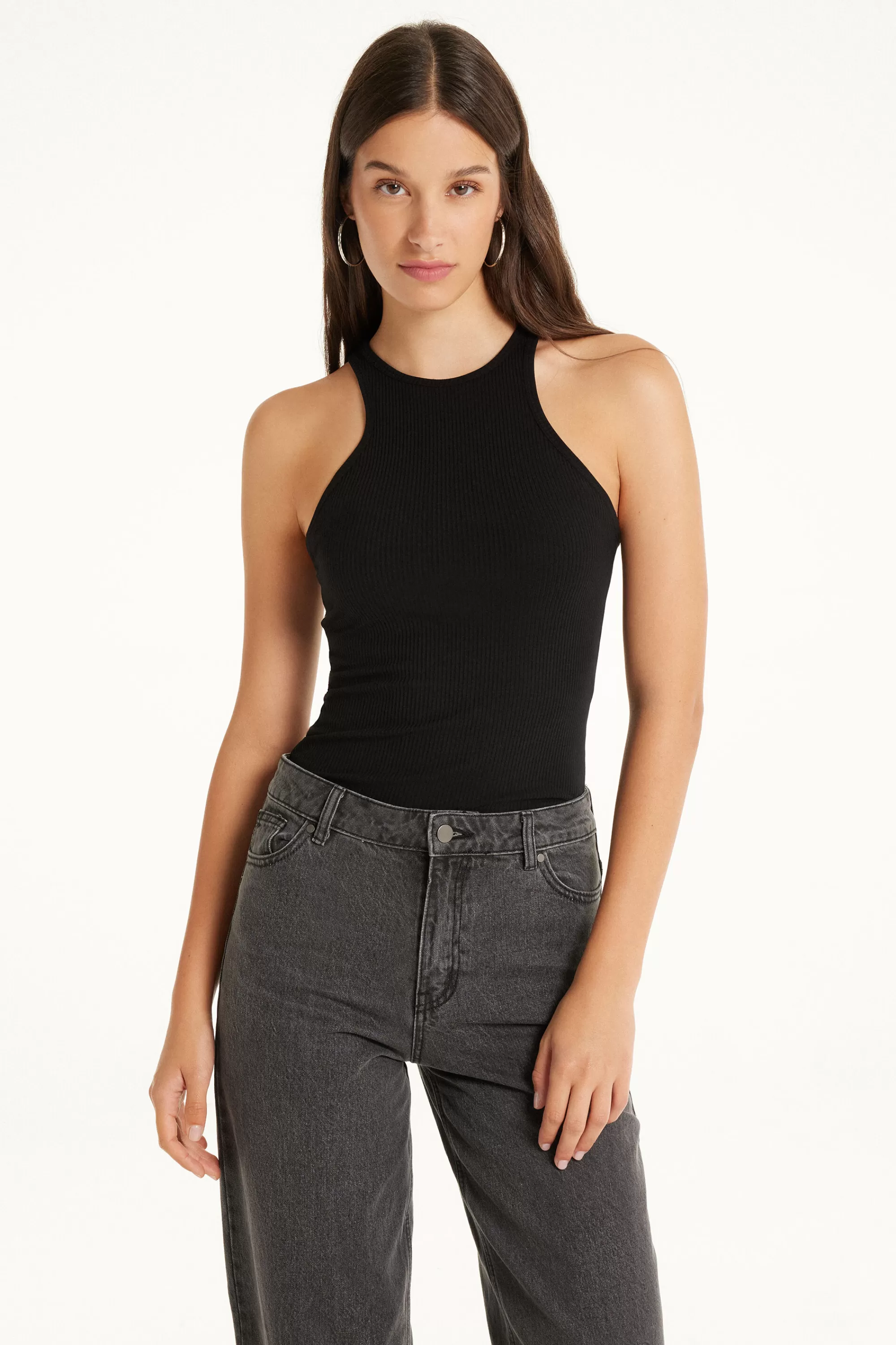 Fashion Canotta Spalla Larga Con Scollo Americana Cotone Costine - Canotte E Top - Donna | Canotte e Top