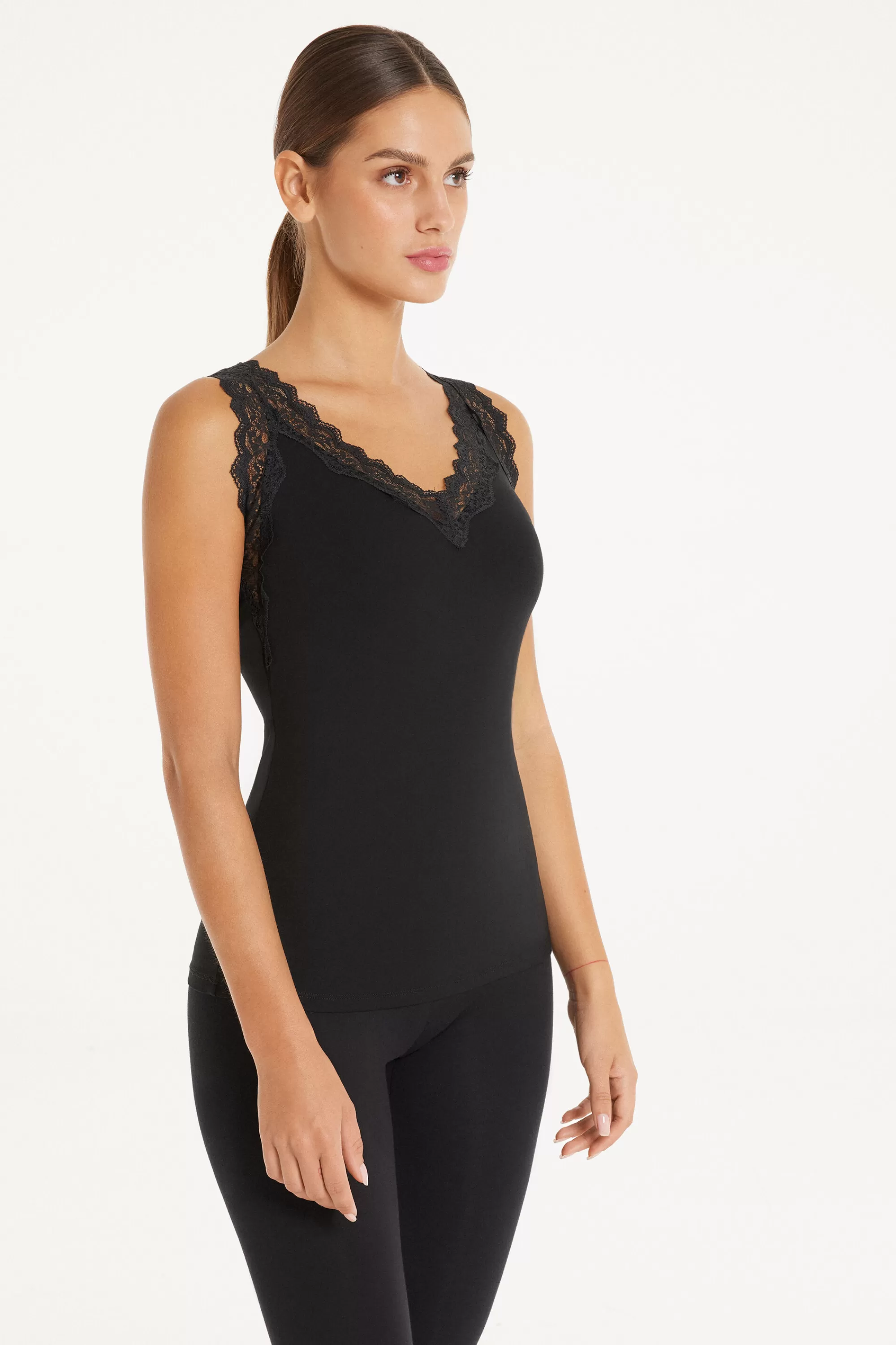 Shop Canotta Spalla Larga Viscosa Con Pizzo Scollo A V - Canotte E Top - Donna | Canotte e Top