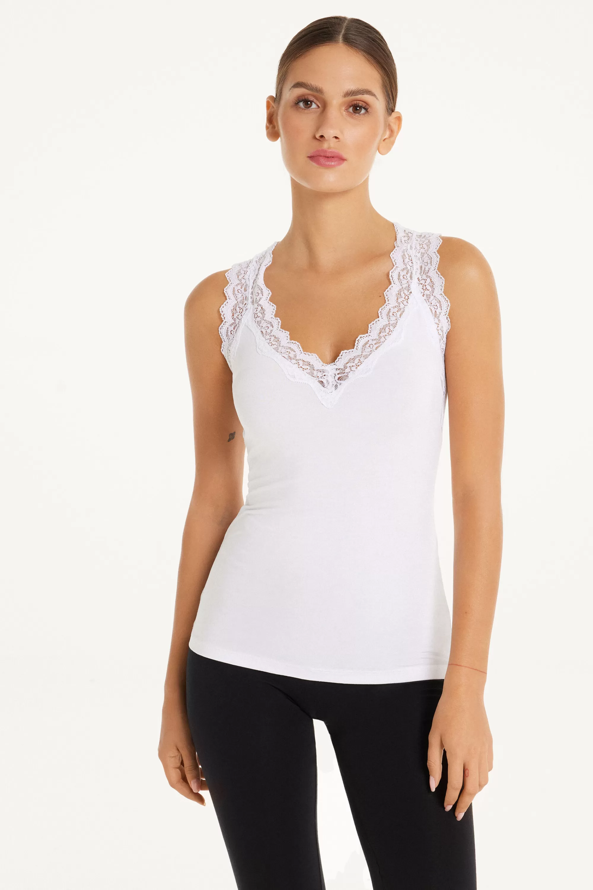 Sale Canotta Spalla Larga Viscosa Con Pizzo Scollo A V - Canotte E Top - Donna | Canotte e Top