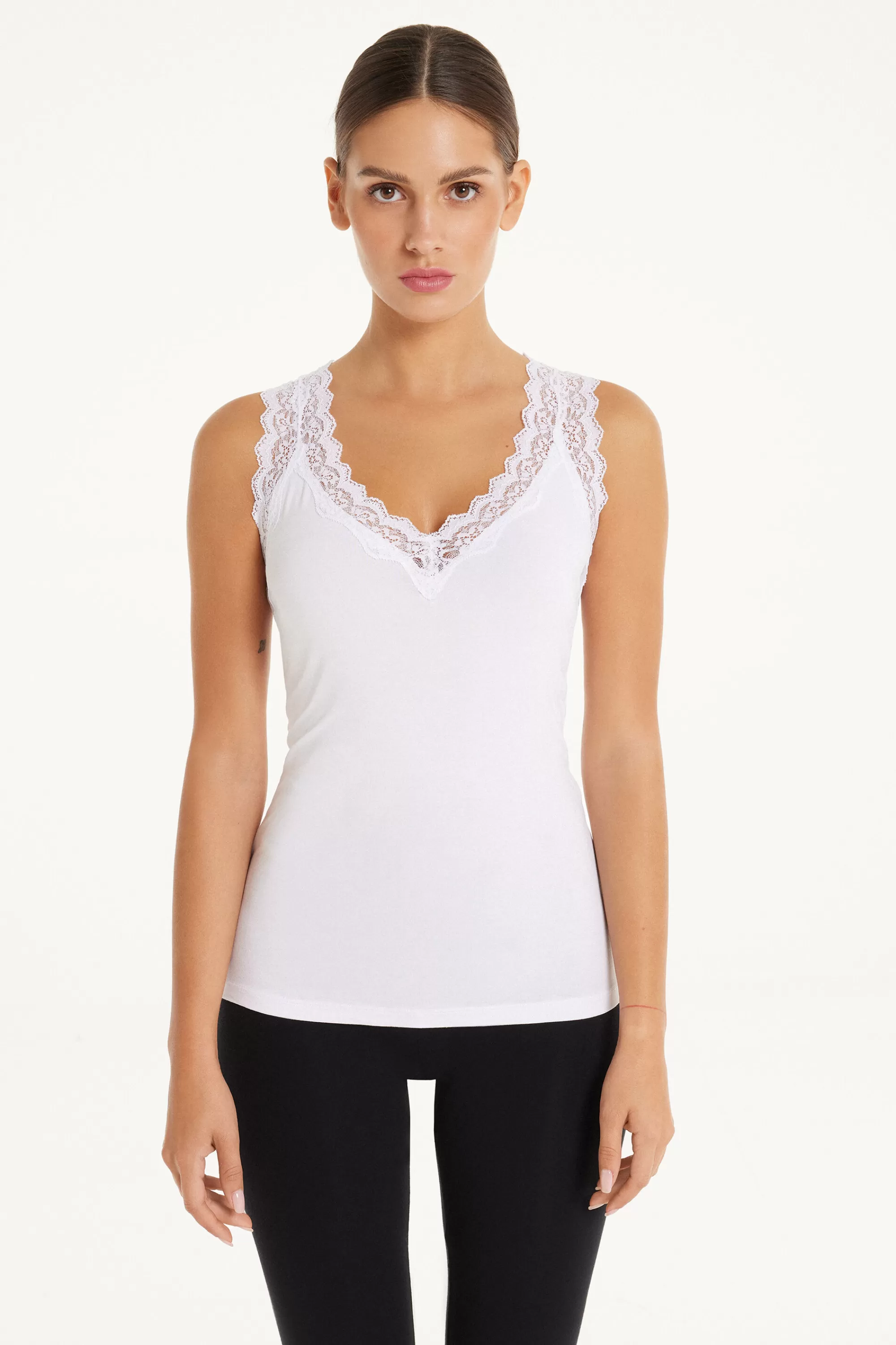Sale Canotta Spalla Larga Viscosa Con Pizzo Scollo A V - Canotte E Top - Donna | Canotte e Top