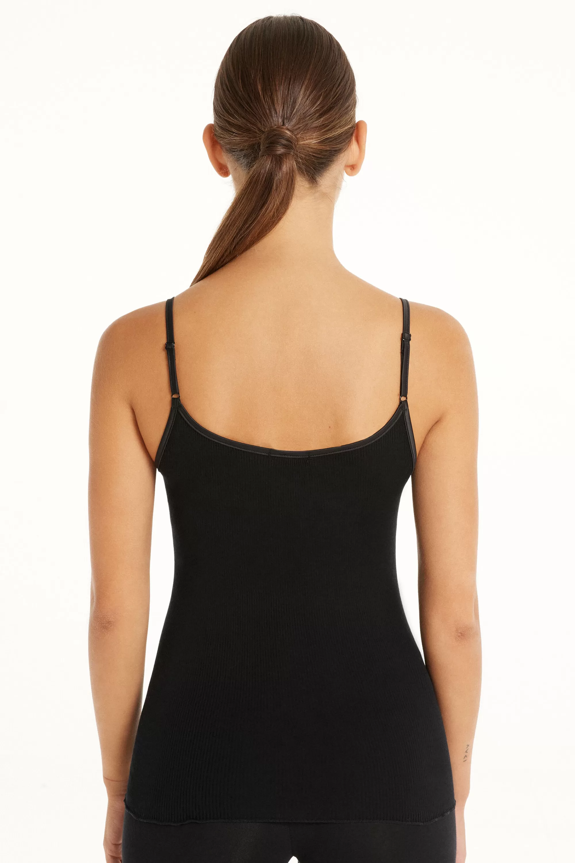 New Canotta Spalline Sottili In 100% Cotone A Costine E Raso - Canotte E Top - Donna | Canotte e Top