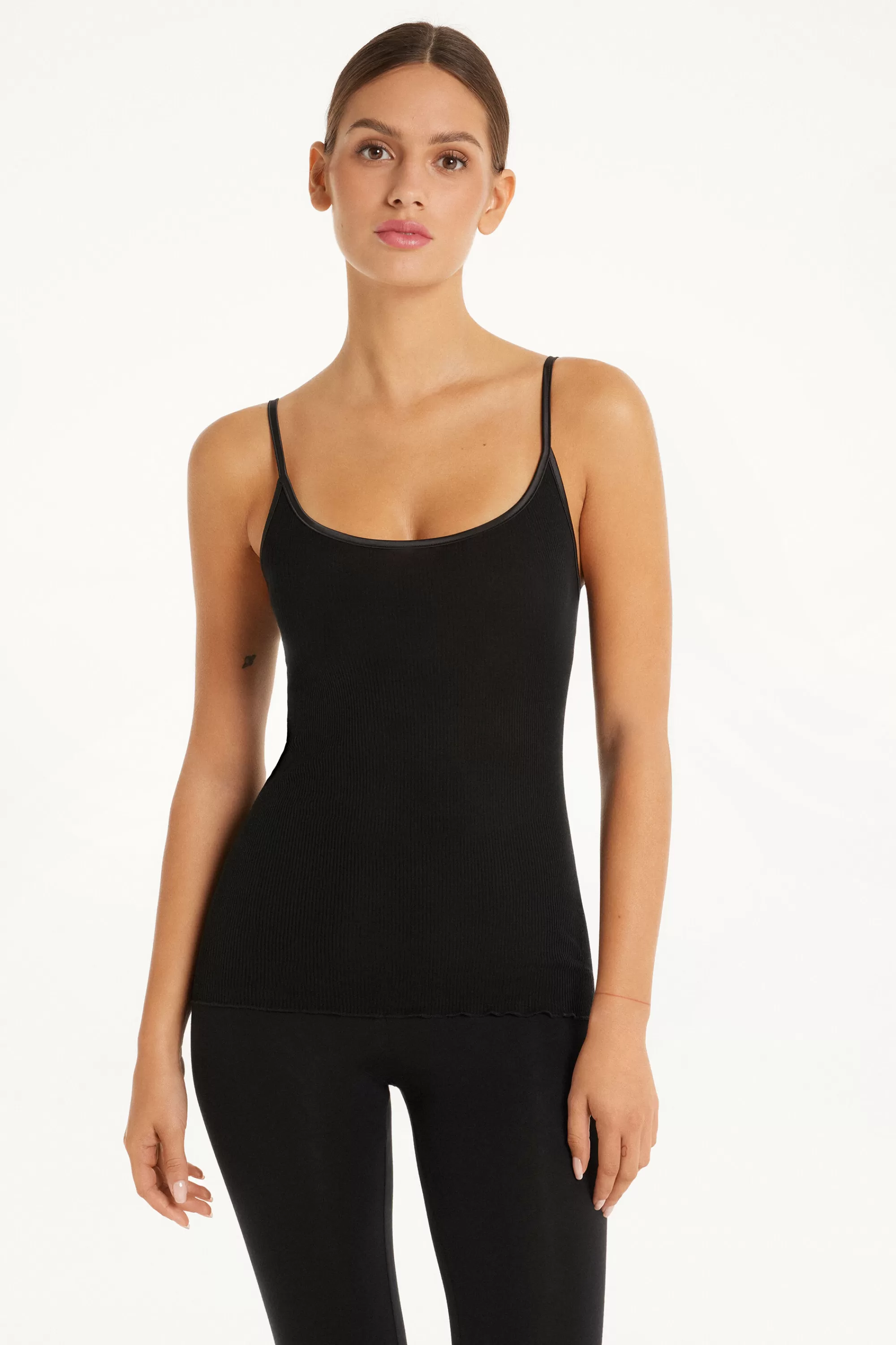 New Canotta Spalline Sottili In 100% Cotone A Costine E Raso - Canotte E Top - Donna | Canotte e Top