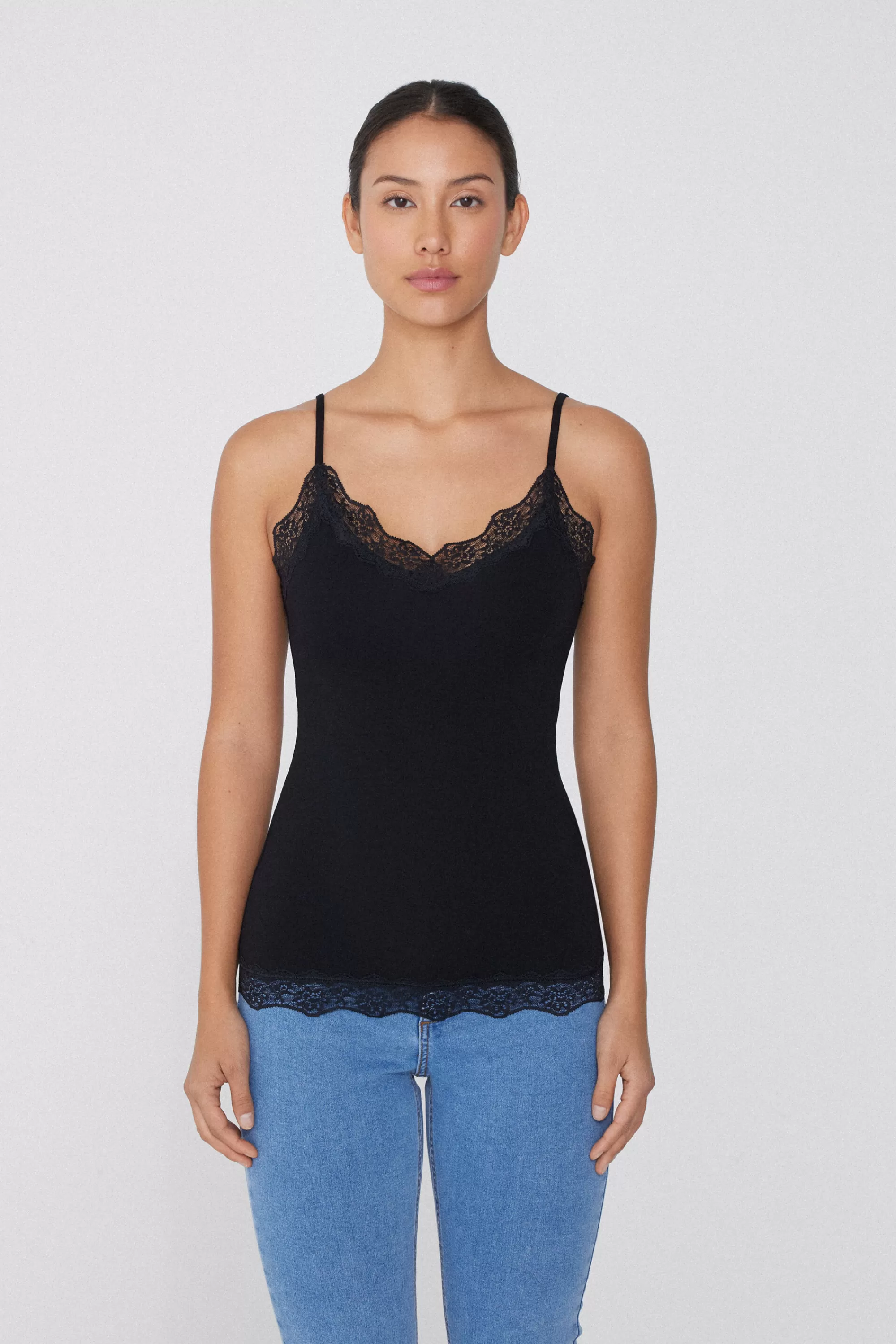 Fashion Canotta Spalline Sottili Scollo A V In Viscosa Con Pizzo - Canotte E Top - Donna | Canotte e Top