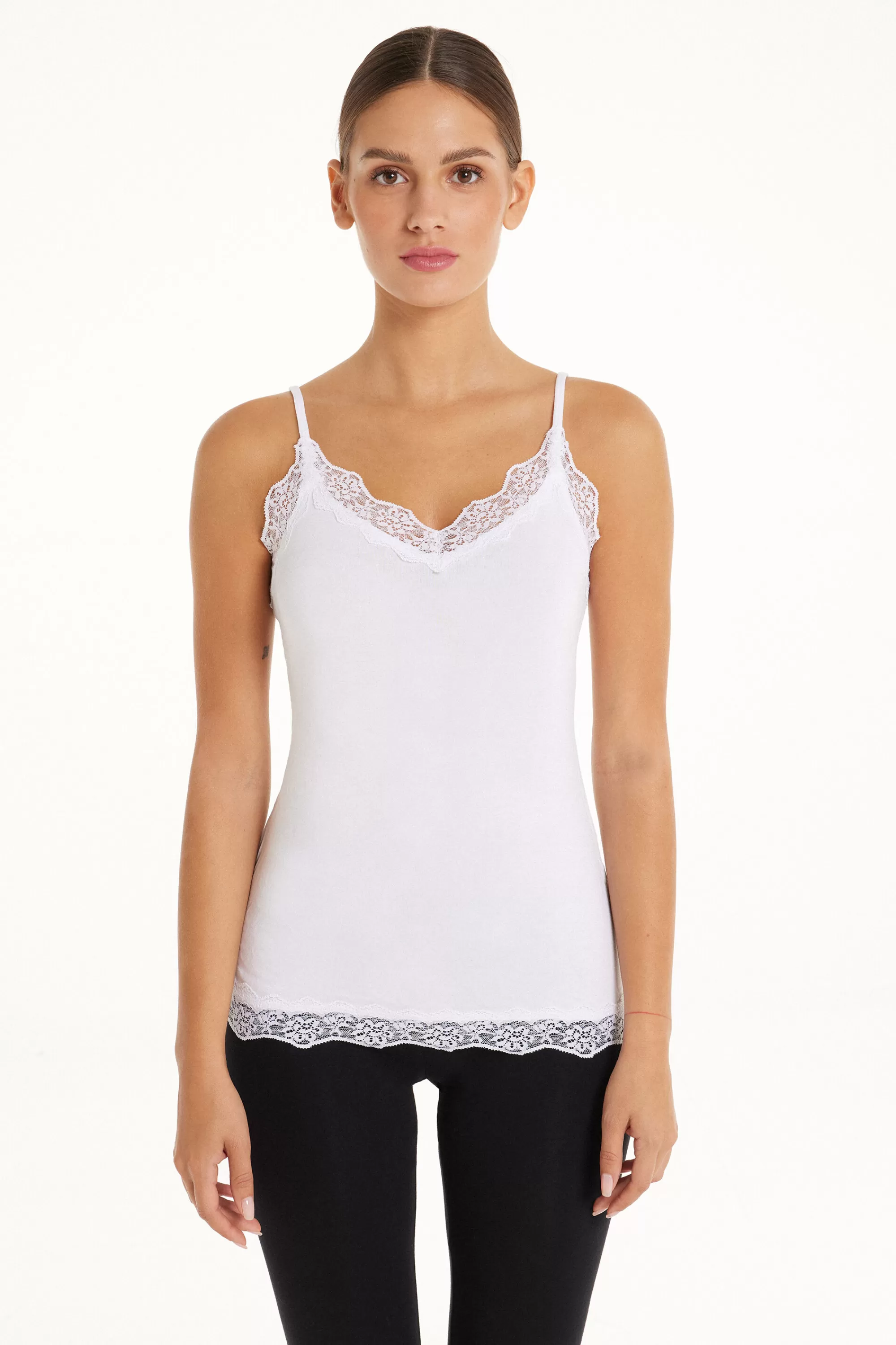 Online Canotta Spalline Sottili Scollo A V In Viscosa Con Pizzo - Canotte E Top - Donna | Canotte e Top