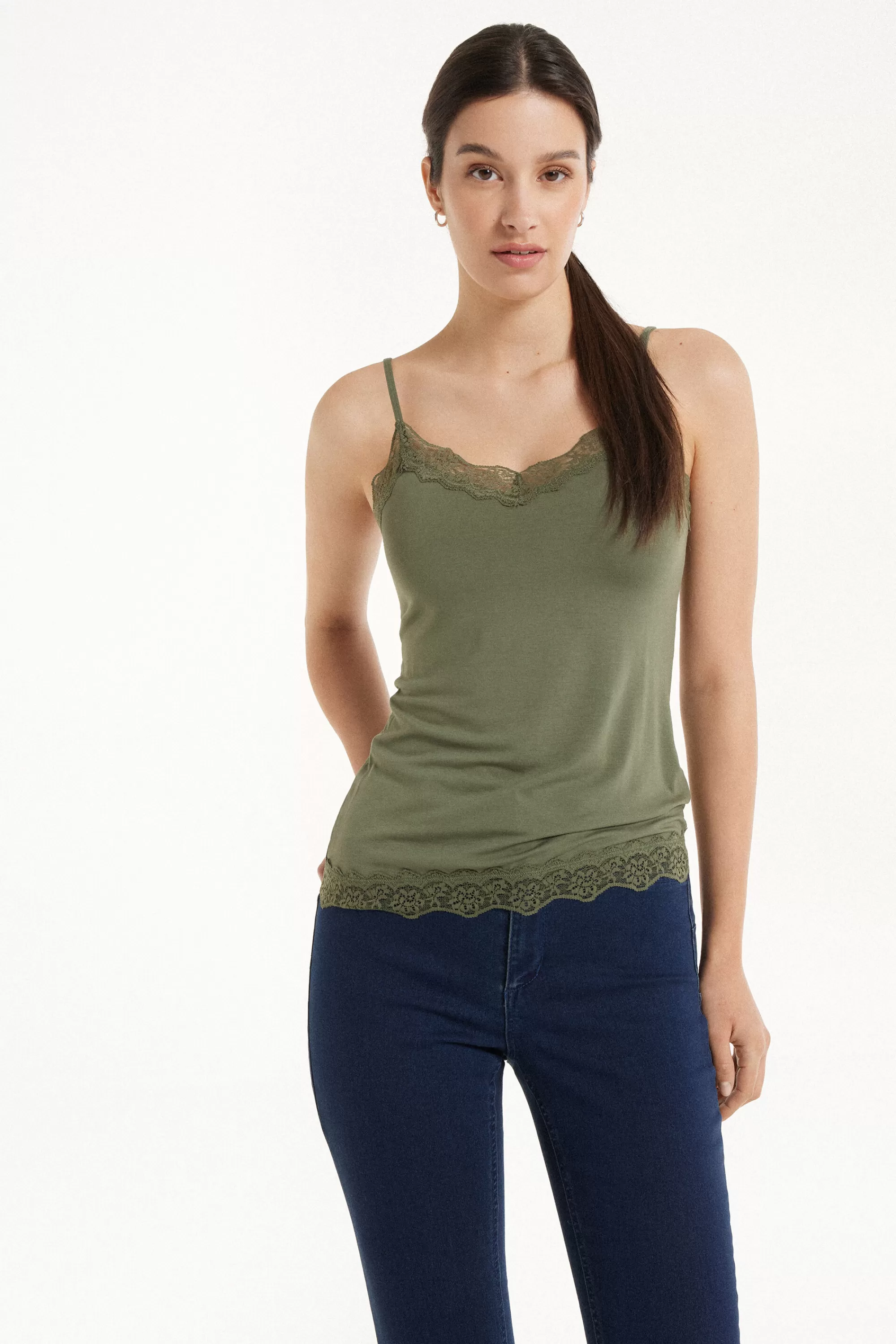 Best Canotta Spalline Sottili Scollo A V In Viscosa Con Pizzo - Canotte E Top - Donna | Canotte e Top