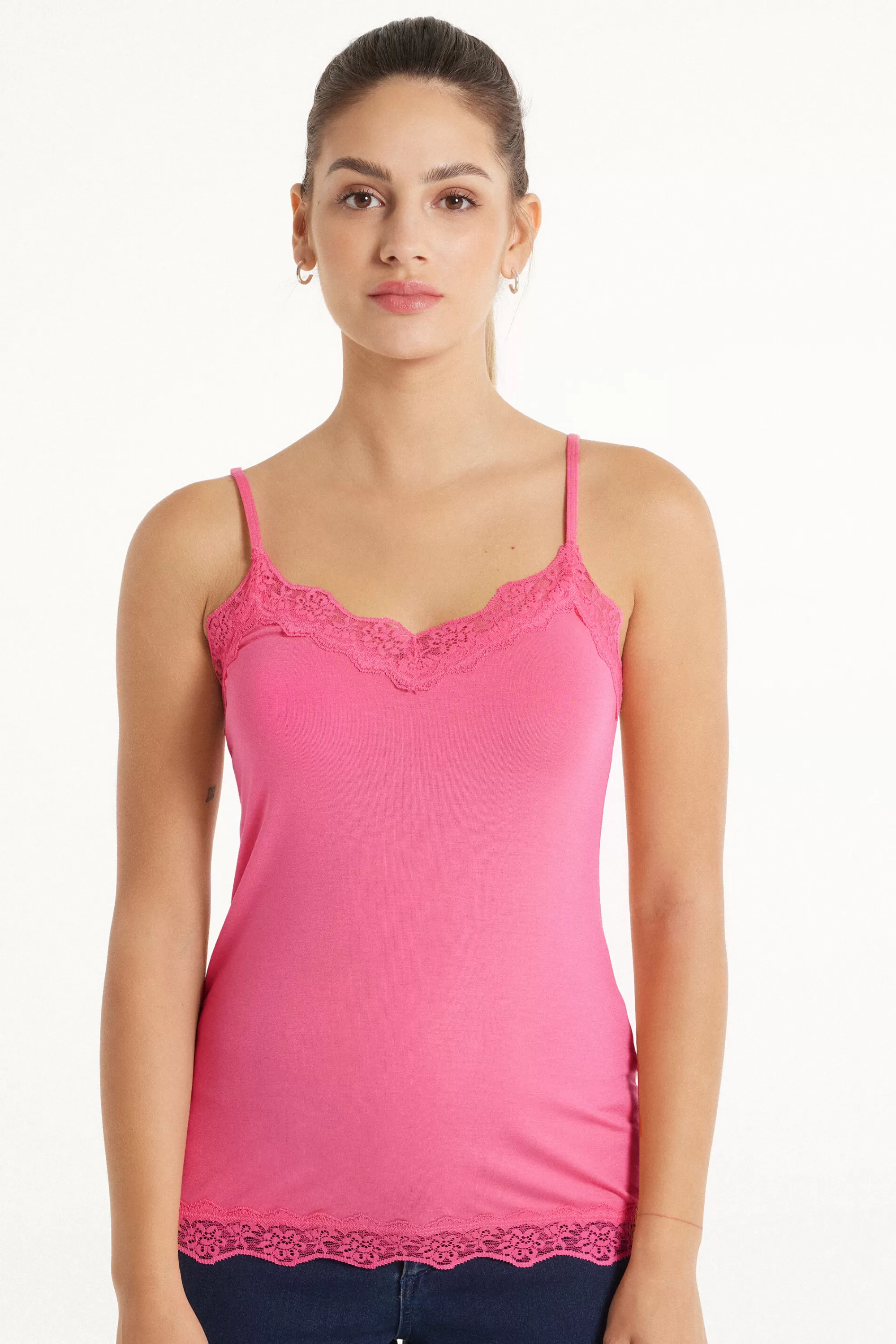 New Canotta Spalline Sottili Scollo A V In Viscosa Con Pizzo - Canotte E Top - Donna | Canotte e Top