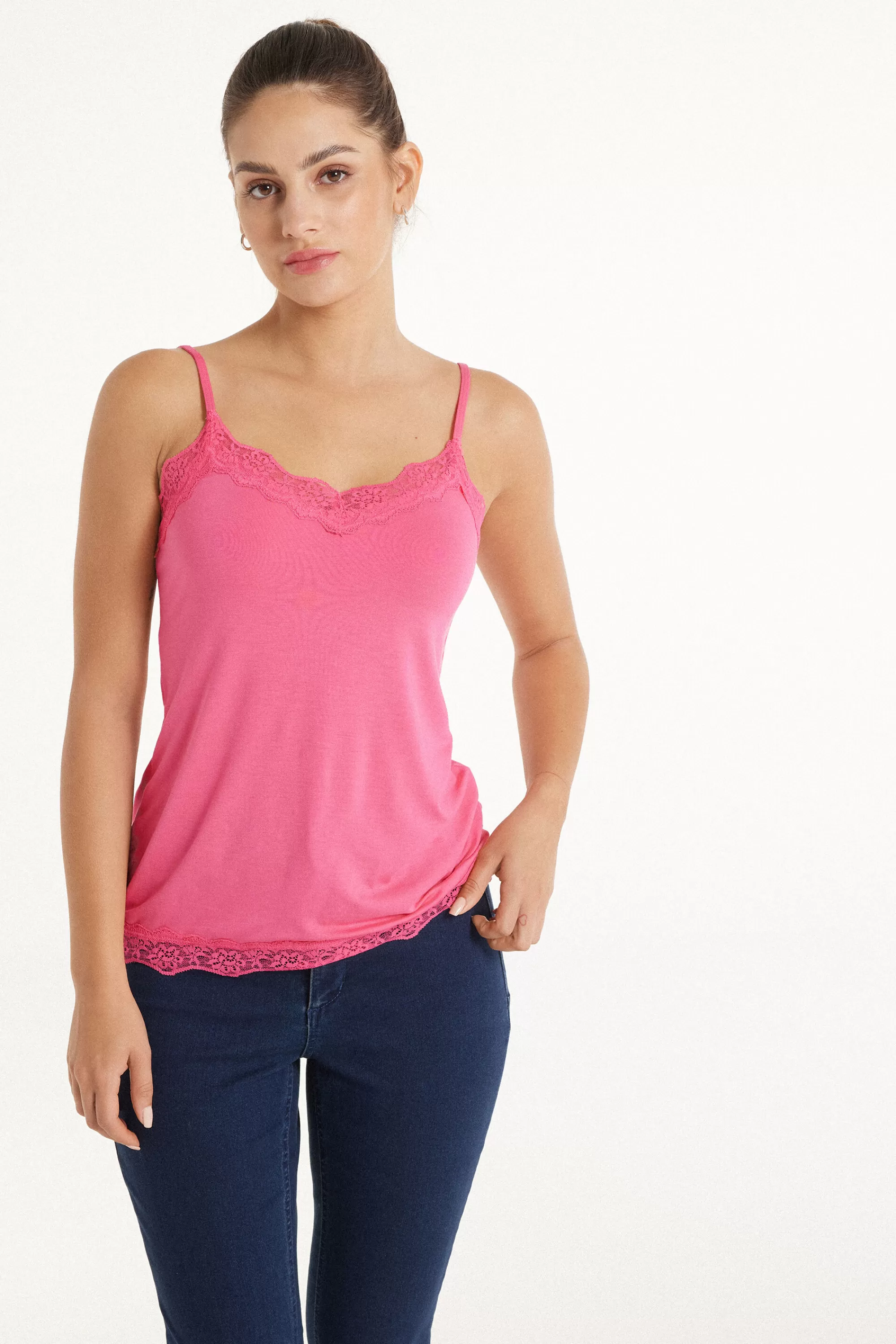 New Canotta Spalline Sottili Scollo A V In Viscosa Con Pizzo - Canotte E Top - Donna | Canotte e Top