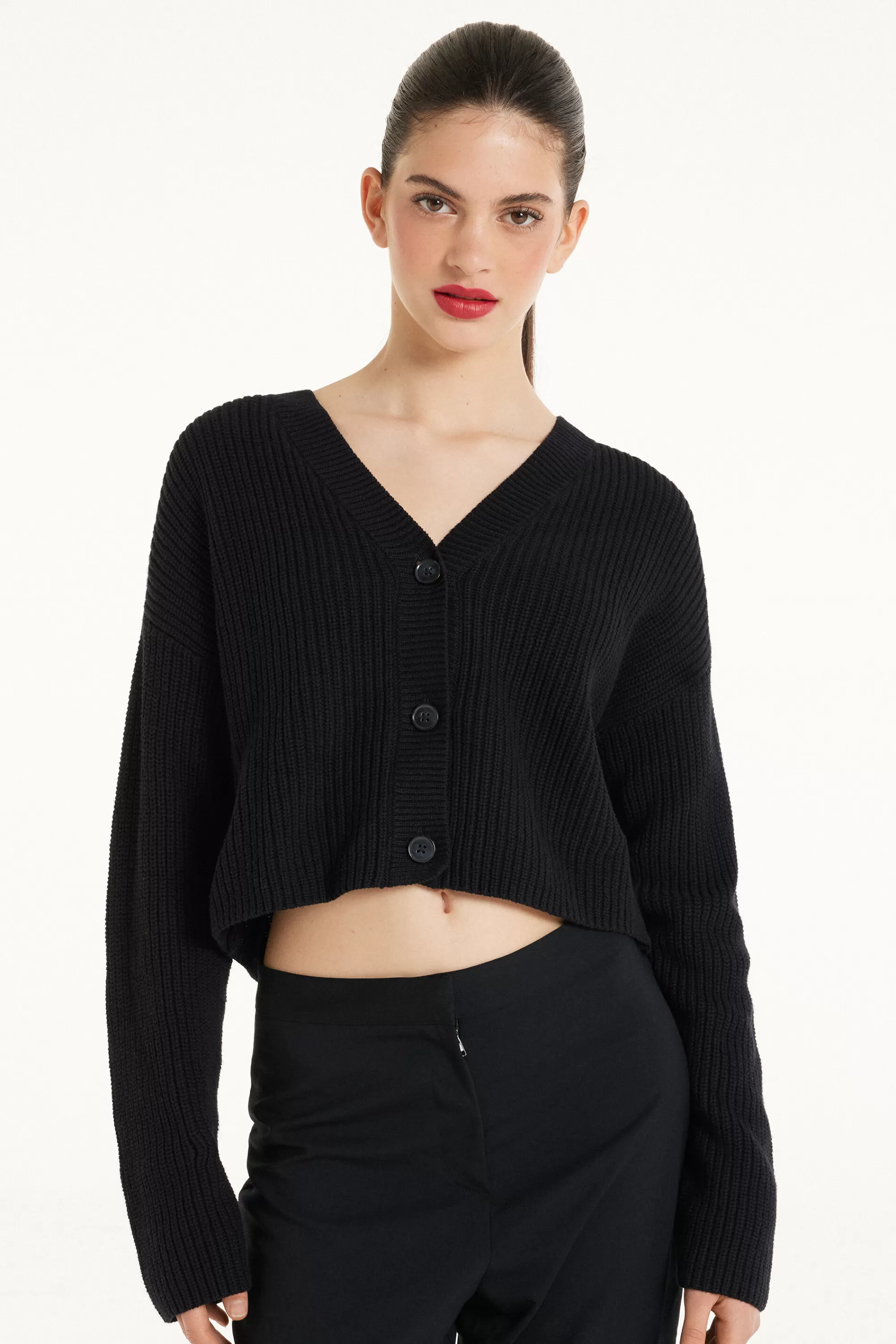 Fashion Cardigan Corto Manica Lunga Con Bottoni A Coste - Cardigan E Maglioni - Donna | Cardigan e Maglioni