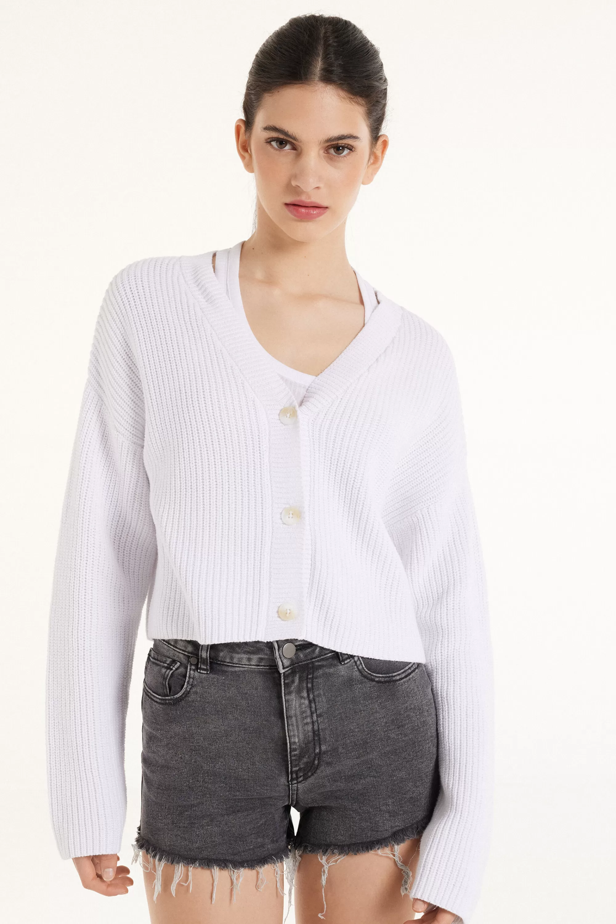 Discount Cardigan Corto Manica Lunga Con Bottoni A Coste - Cardigan E Maglioni - Donna | Cardigan e Maglioni