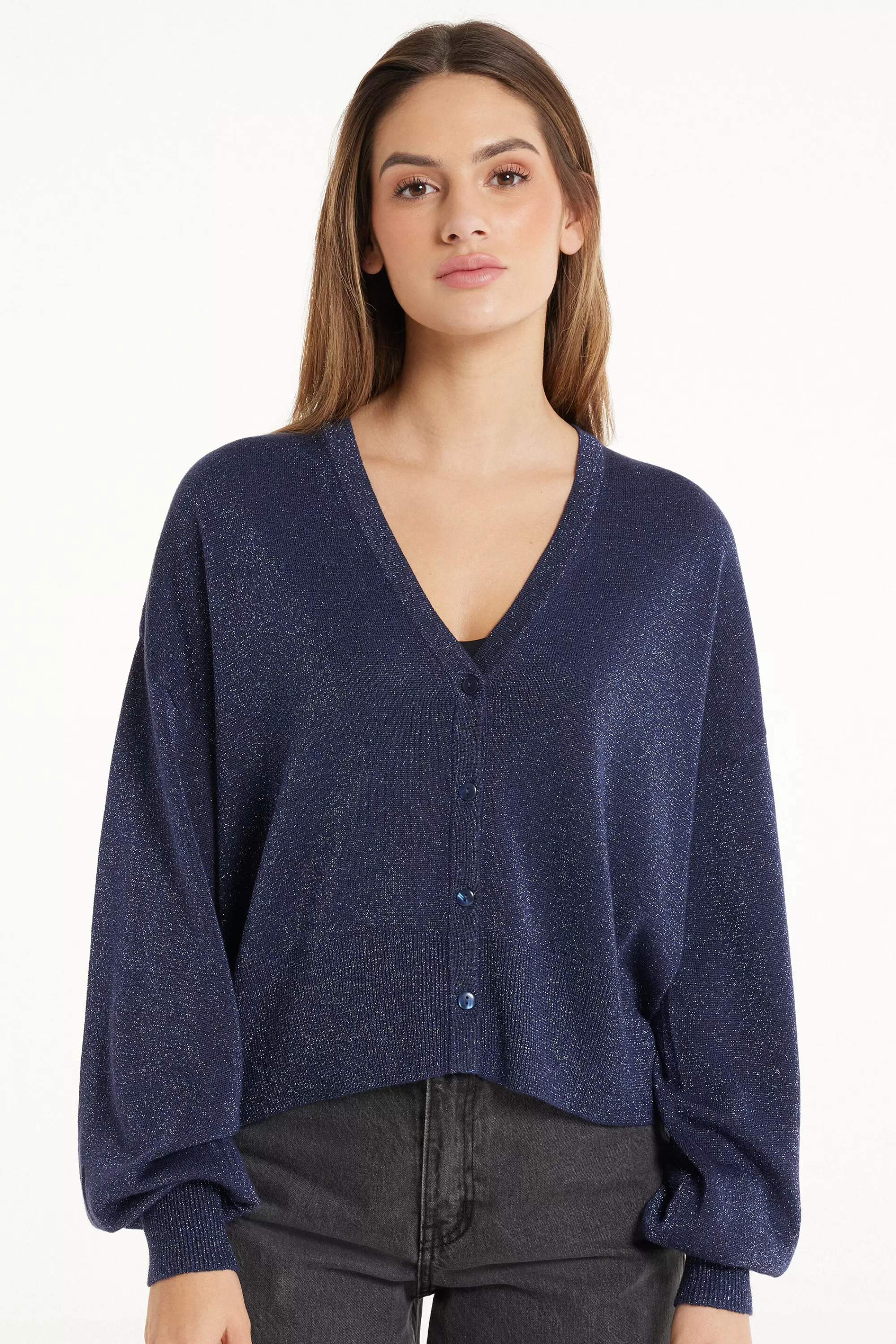 Store Cardigan Corto Manica Lunga Con Bottoni Tessuto Laminato - Cardigan E Maglioni - Donna | Cardigan e Maglioni