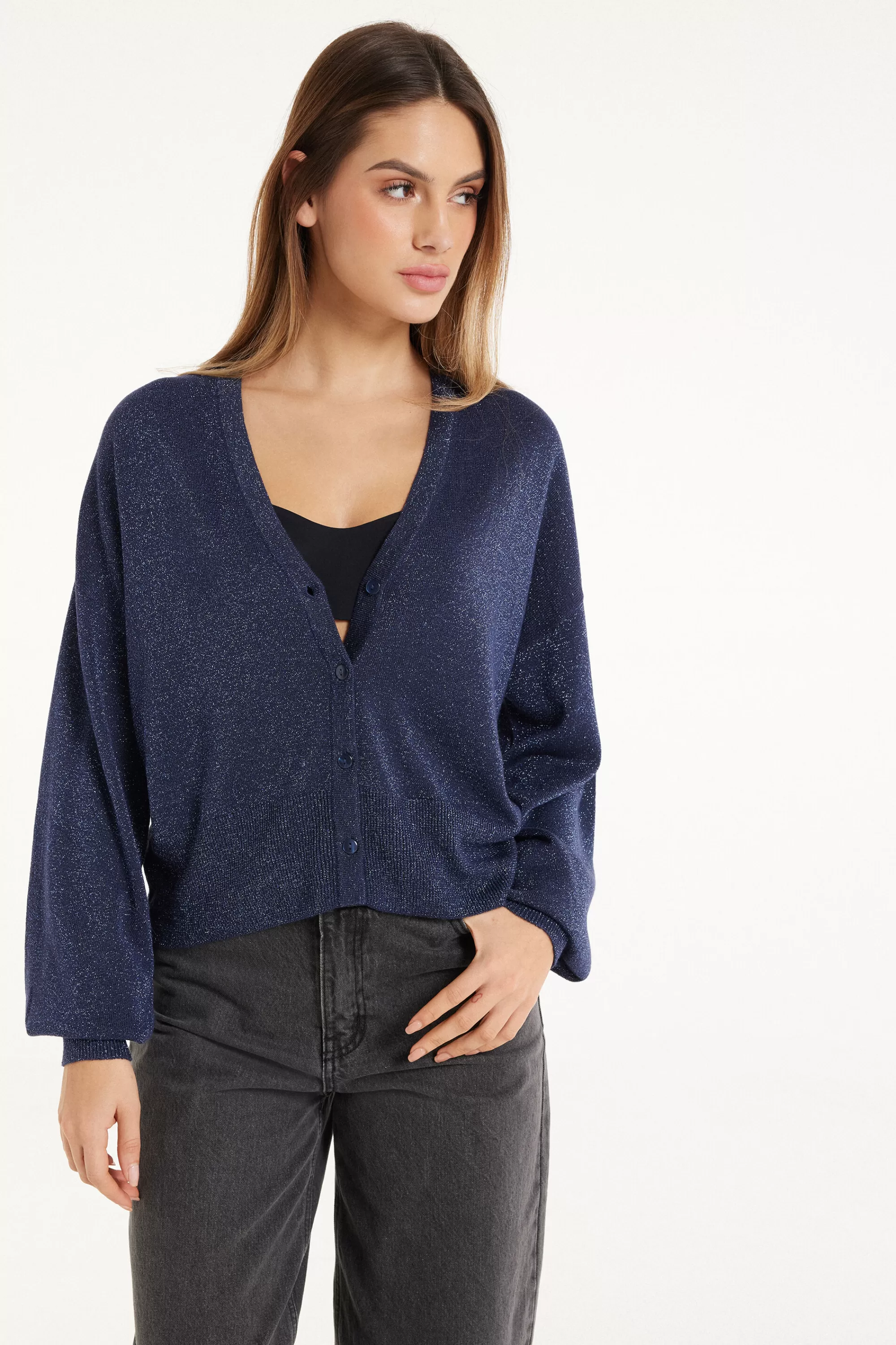 Store Cardigan Corto Manica Lunga Con Bottoni Tessuto Laminato - Cardigan E Maglioni - Donna | Cardigan e Maglioni