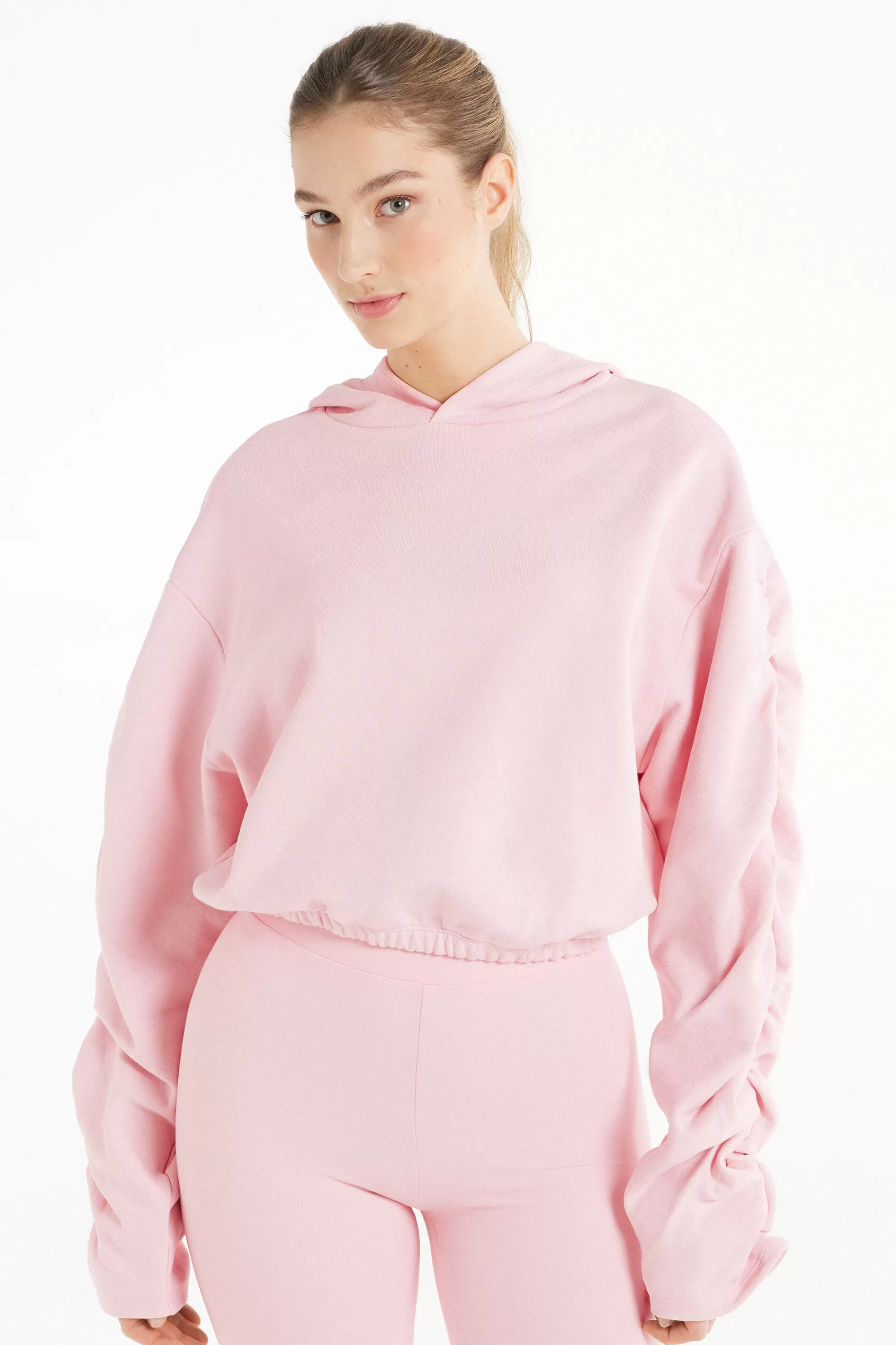 Cheap Felpa Corta Con Cappuccio E Arricci Sulle Maniche - Felpe - Donna | Felpe | Collezione Fitness