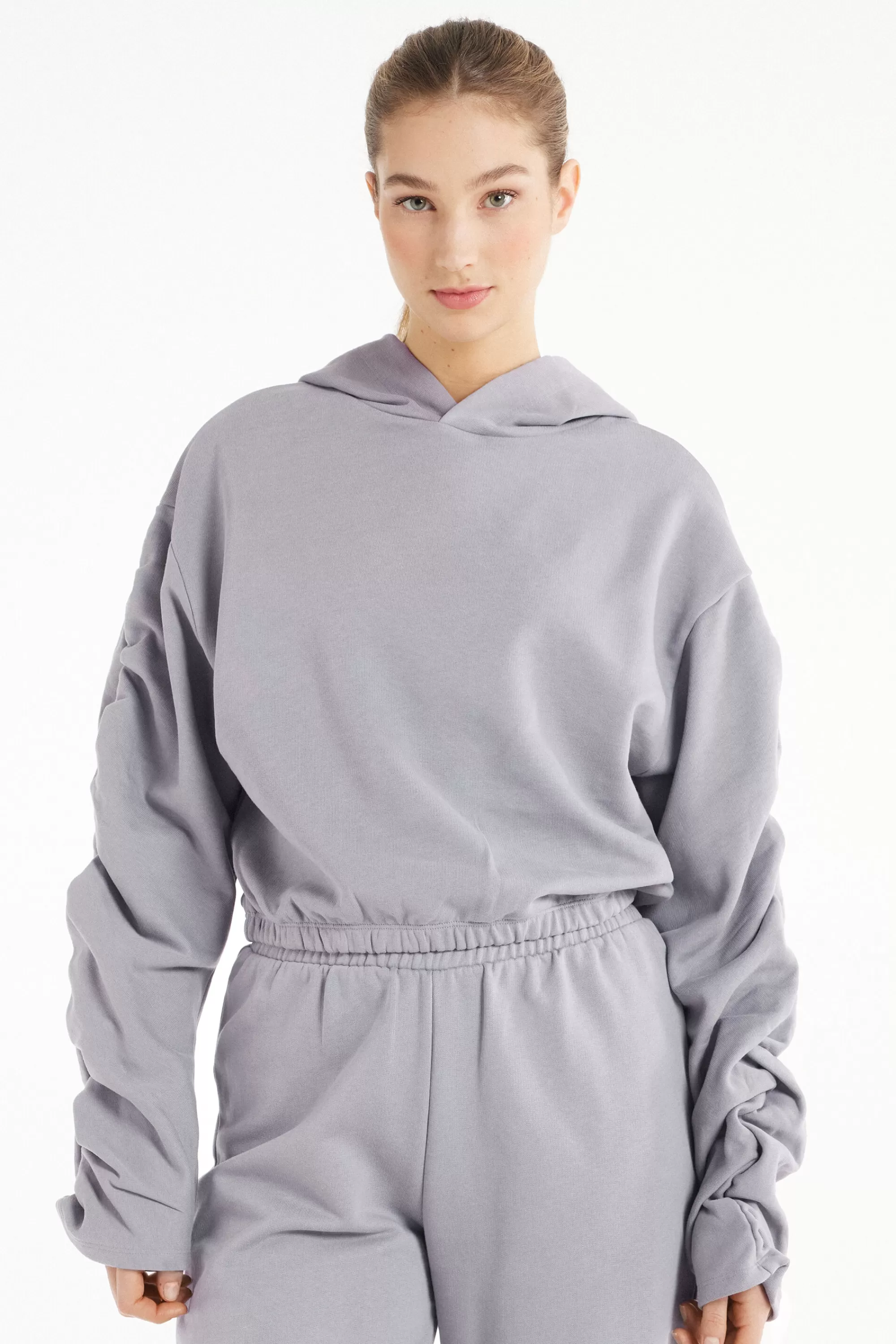 Sale Felpa Corta Con Cappuccio E Arricci Sulle Maniche - Felpe - Donna | Felpe | Collezione Fitness