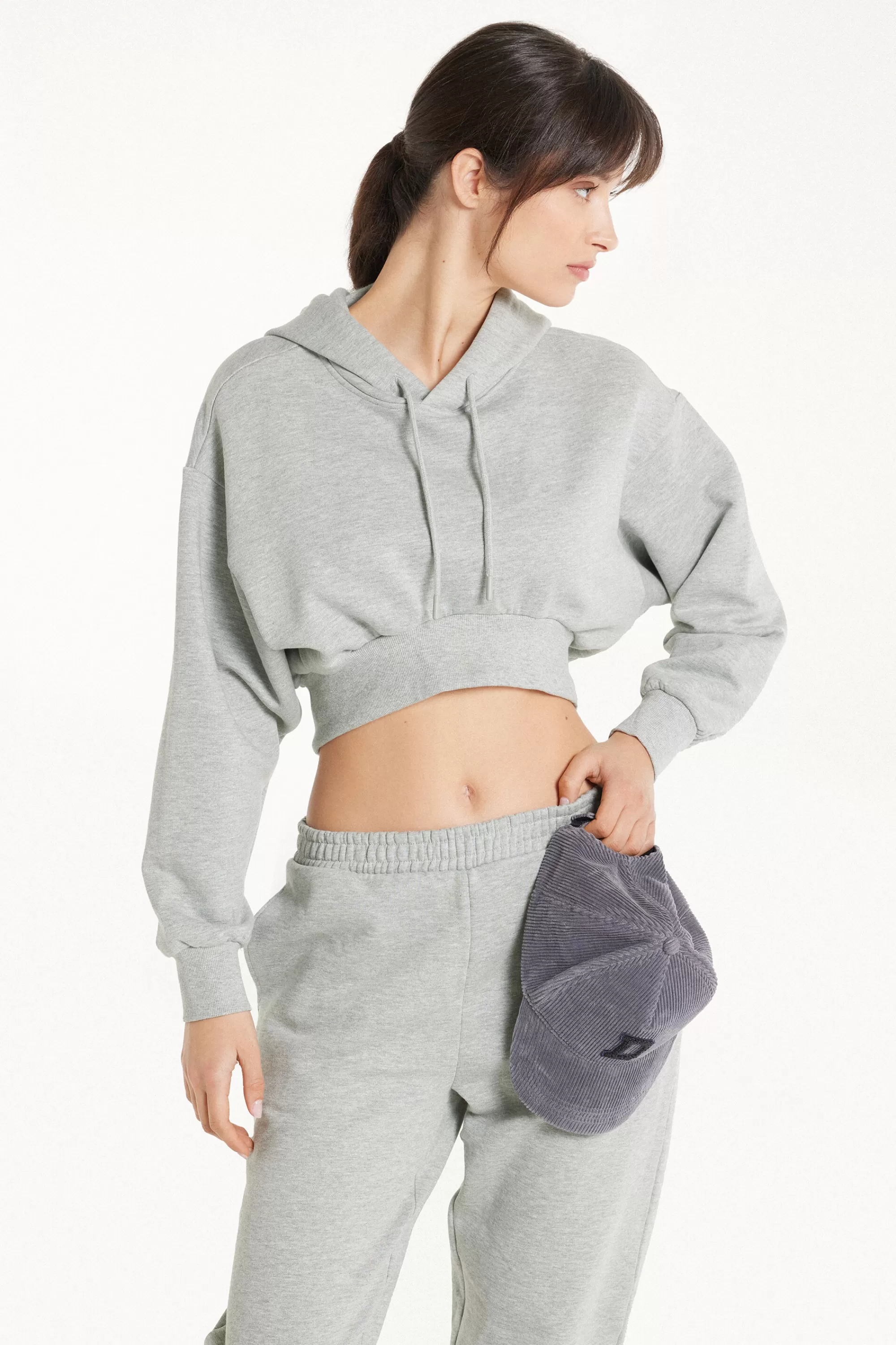 New Felpa Corta Pesante Manica Lunga Con Cappuccio E Spalla Scesa - Tute - Donna | Felpe | Tute