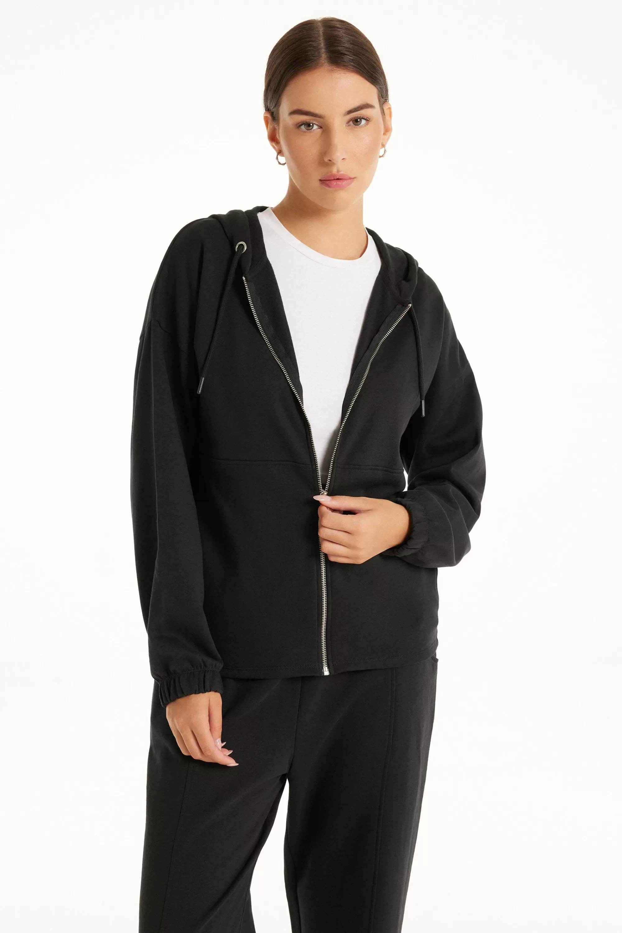 Fashion Felpa Manica Lunga Aperta Con Zip E Cappuccio - Felpe - Donna | Felpe
