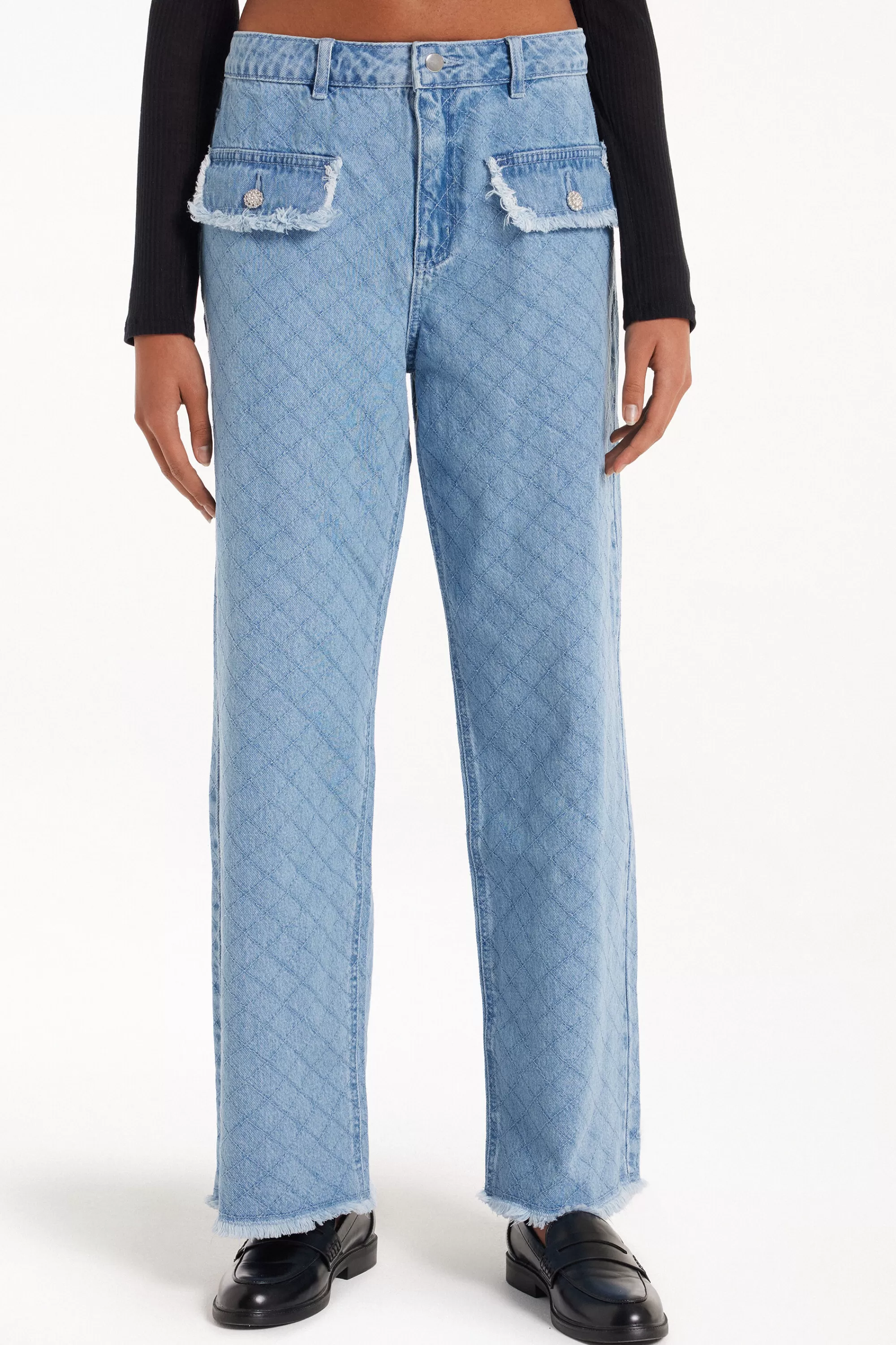 Online Jeans Lunghi Ampi In Denim Effetto Matelassé - Pantaloni - Donna | Jeans | Pantaloni