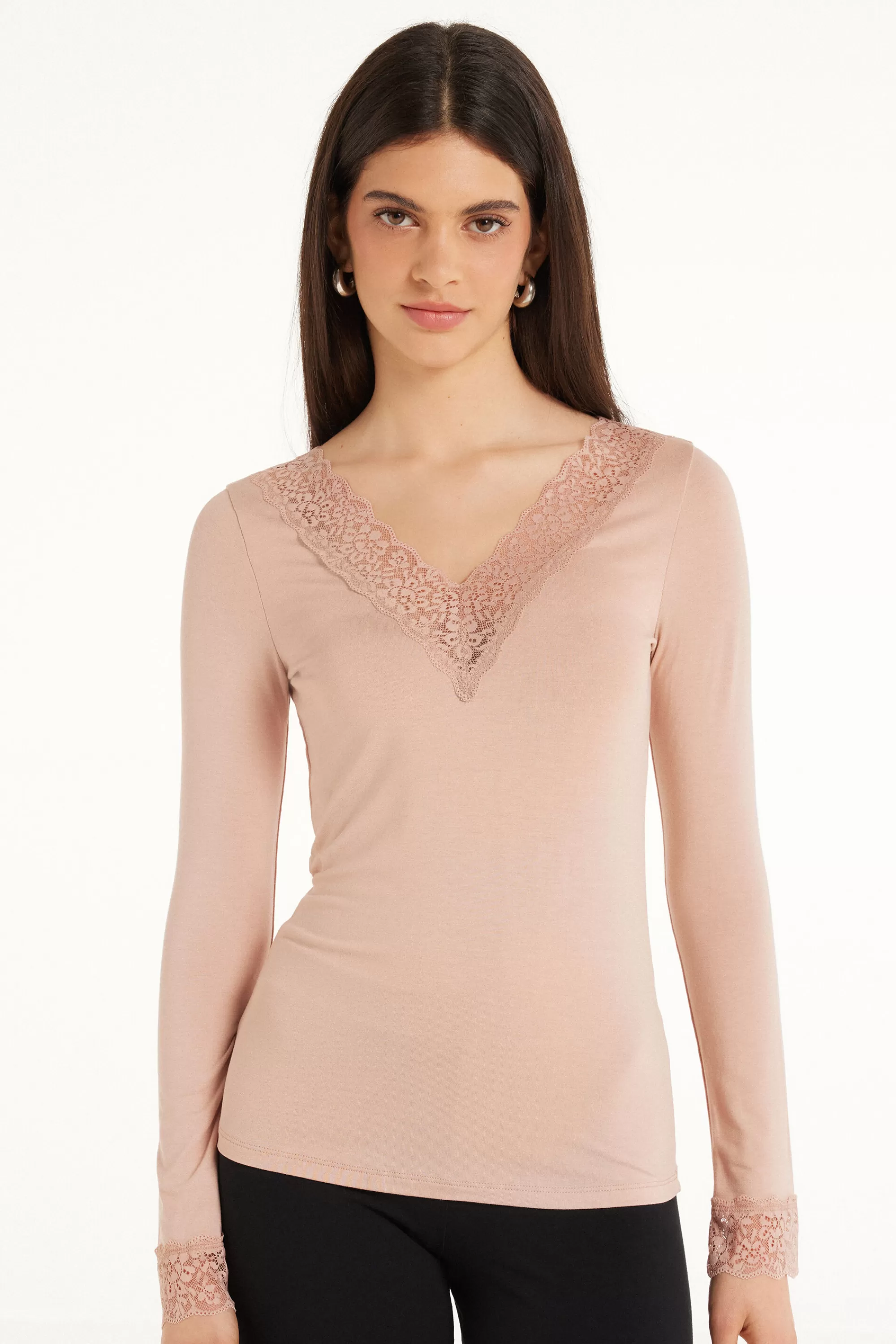 Cheap Maglia Con Scollo A V Manica Lunga In Viscosa E Pizzo - Maglie Maniche Lunghe - Donna | Maglie maniche lunghe