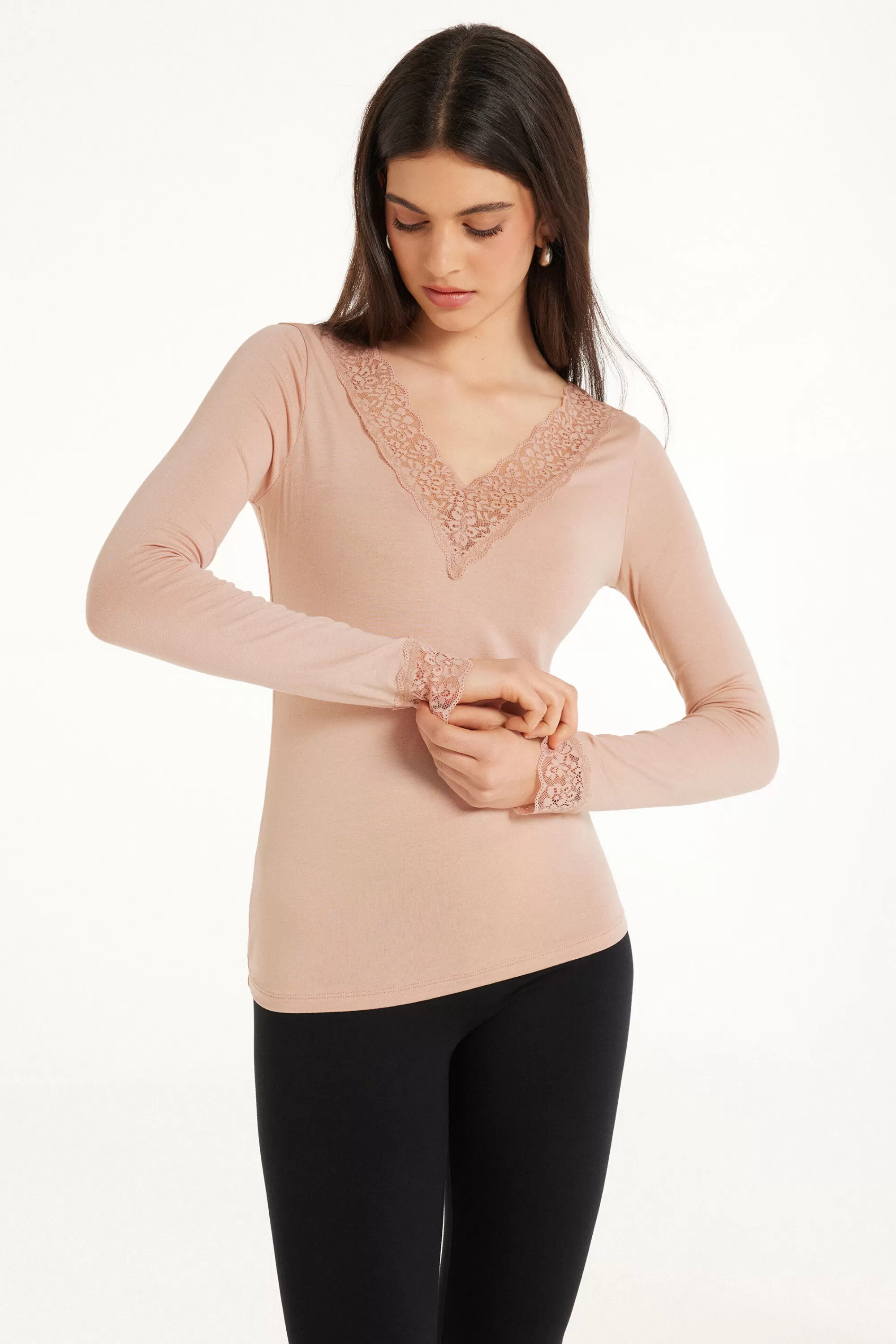 Cheap Maglia Con Scollo A V Manica Lunga In Viscosa E Pizzo - Maglie Maniche Lunghe - Donna | Maglie maniche lunghe