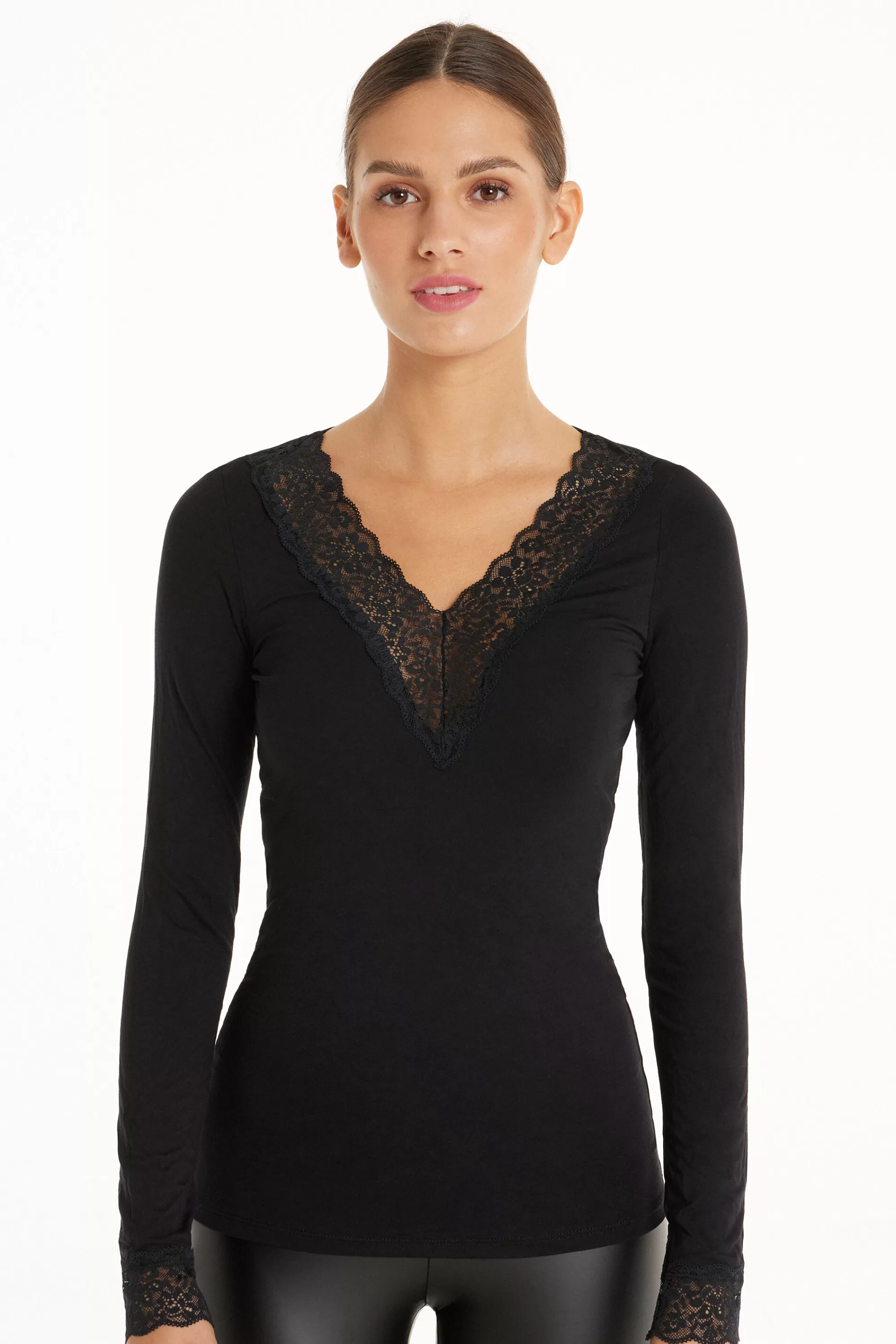 Best Sale Maglia Con Scollo A V Manica Lunga In Viscosa E Pizzo - Maglie Maniche Lunghe - Donna | Maglie maniche lunghe