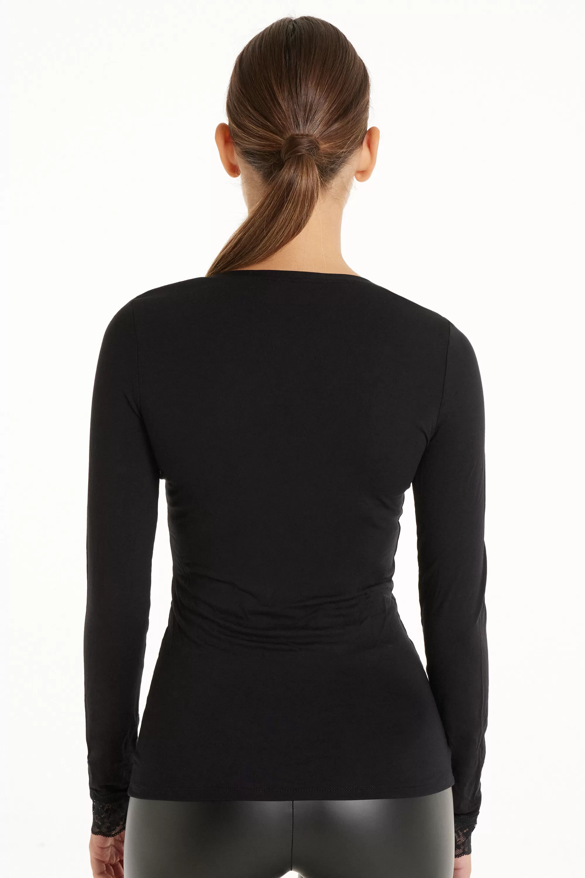 Best Sale Maglia Con Scollo A V Manica Lunga In Viscosa E Pizzo - Maglie Maniche Lunghe - Donna | Maglie maniche lunghe