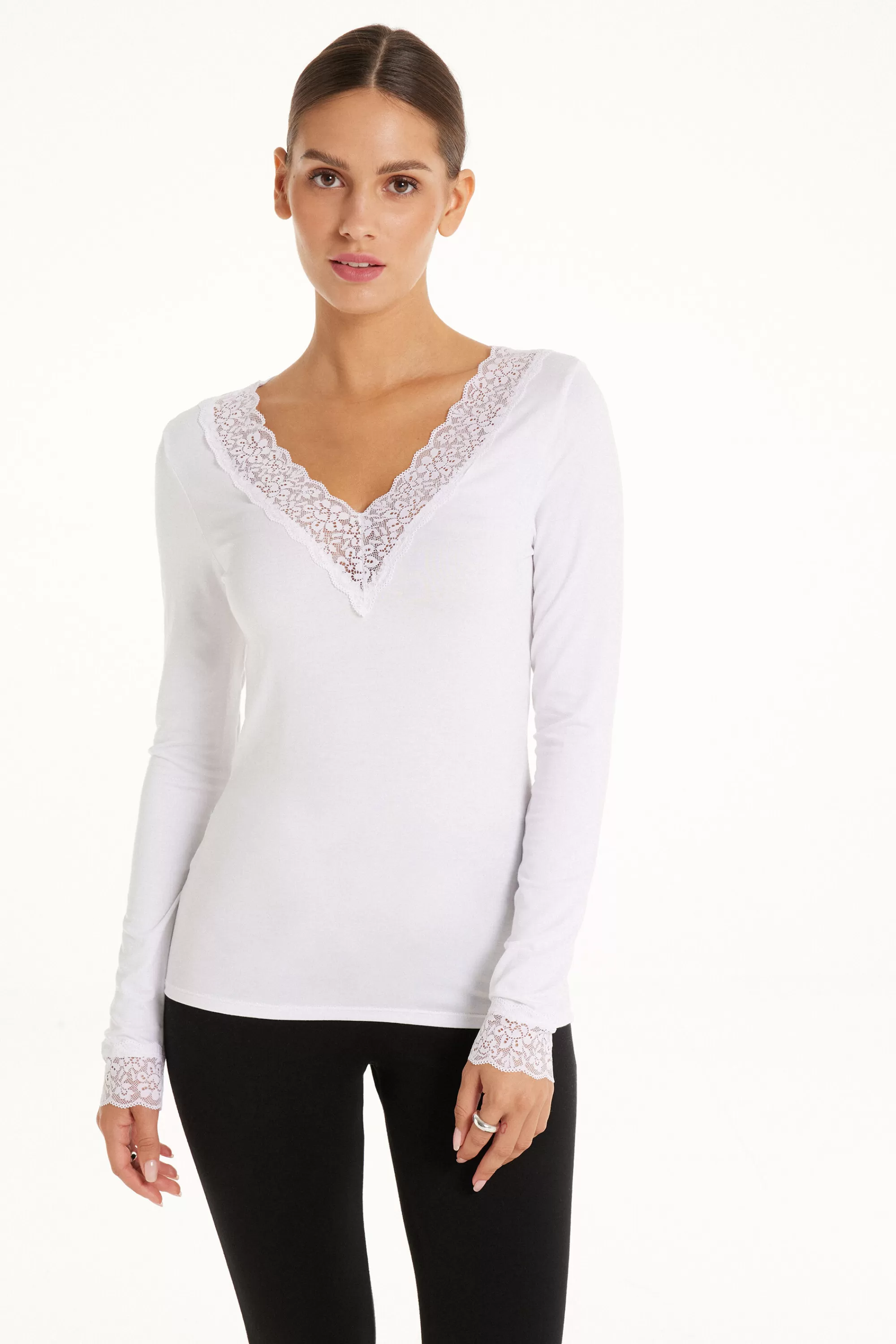 Discount Maglia Con Scollo A V Manica Lunga In Viscosa E Pizzo - Maglie Maniche Lunghe - Donna | Maglie maniche lunghe