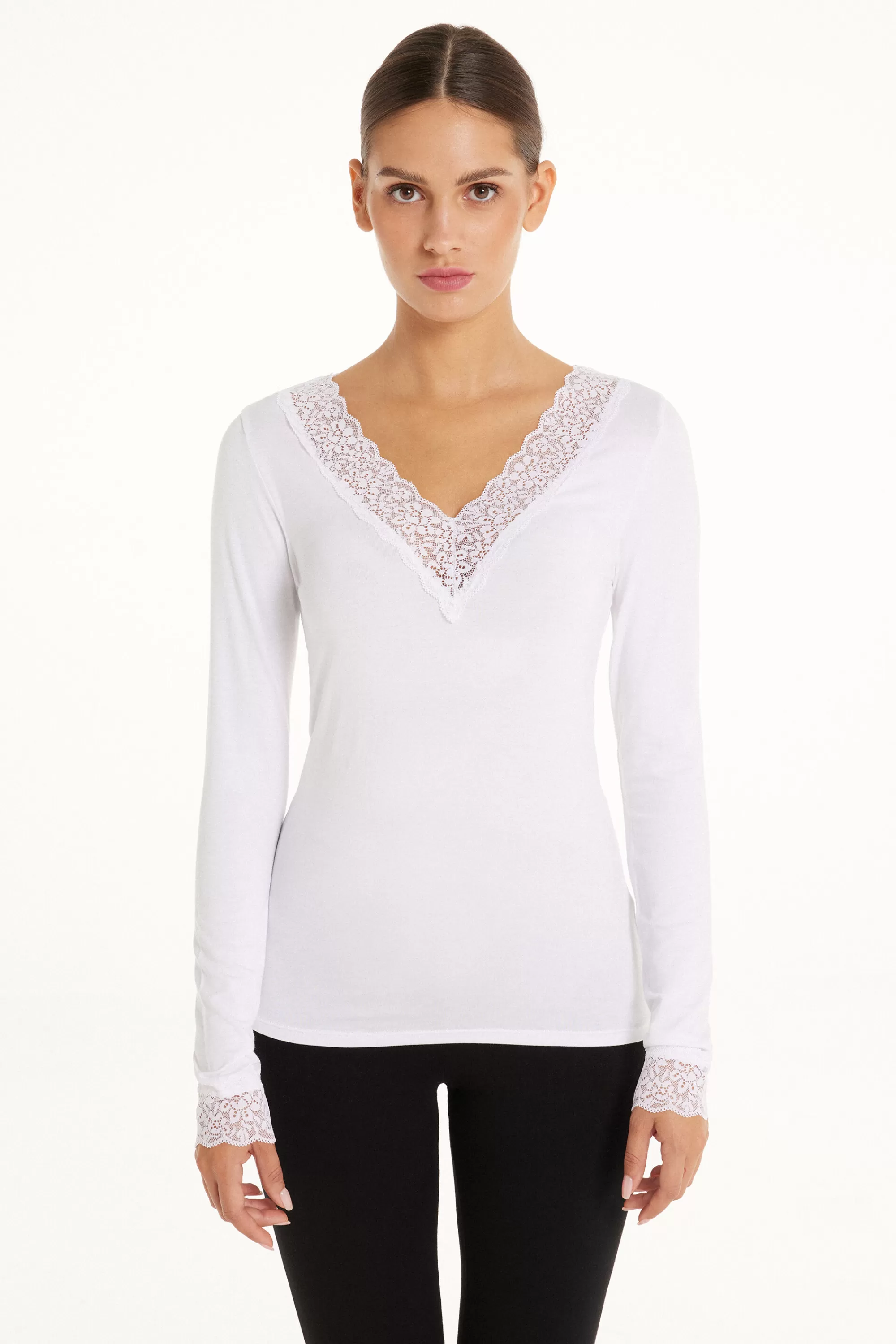 Discount Maglia Con Scollo A V Manica Lunga In Viscosa E Pizzo - Maglie Maniche Lunghe - Donna | Maglie maniche lunghe