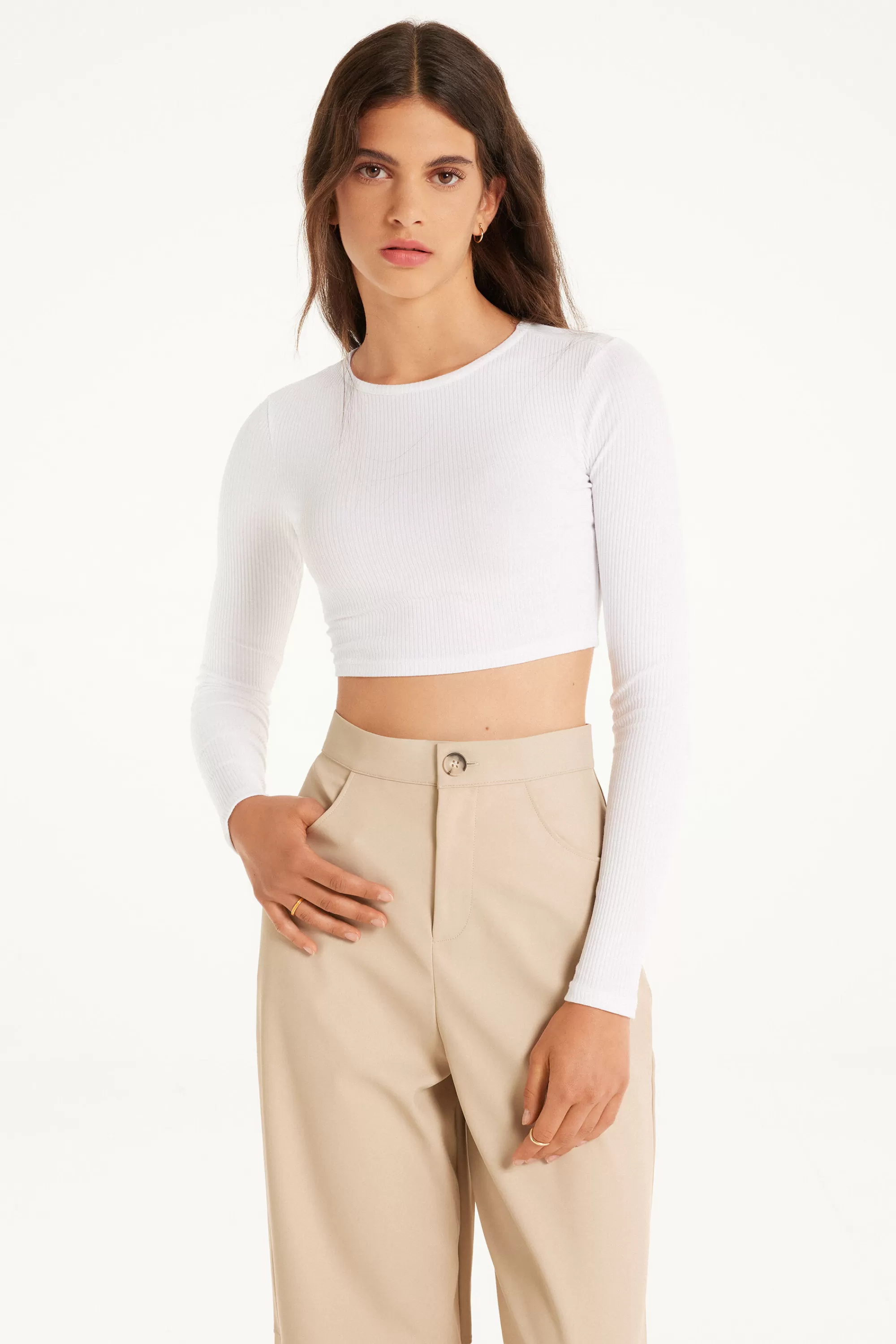 New Maglia Corta A Manica Lunga Girocollo A Costine - Maglie Maniche Lunghe - Donna | Maglie maniche lunghe