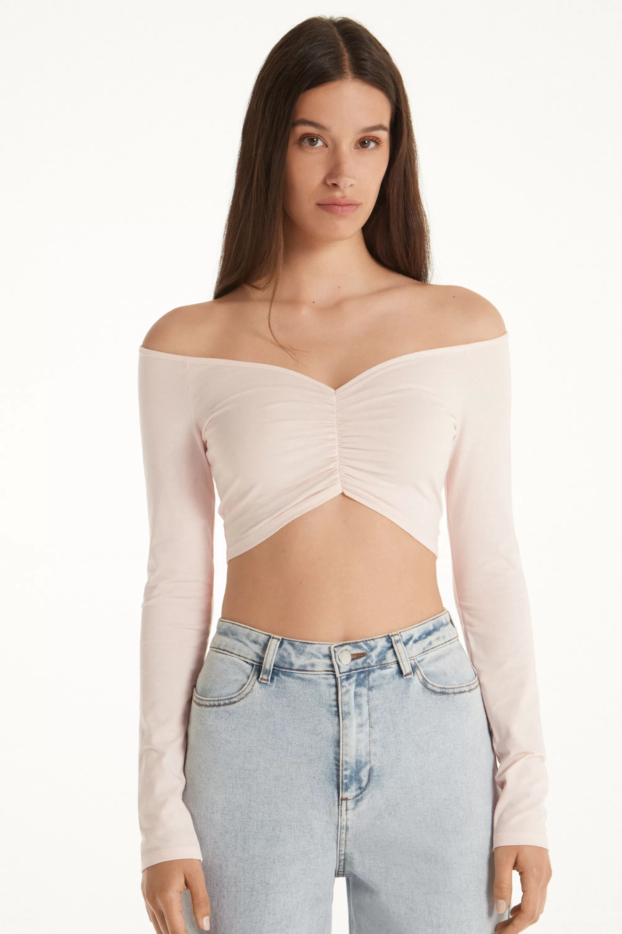 Fashion Maglia Corta Cotone Maniche Lunghe Spalle Scoperte - Maglie Maniche Lunghe - Donna | Maglie maniche lunghe