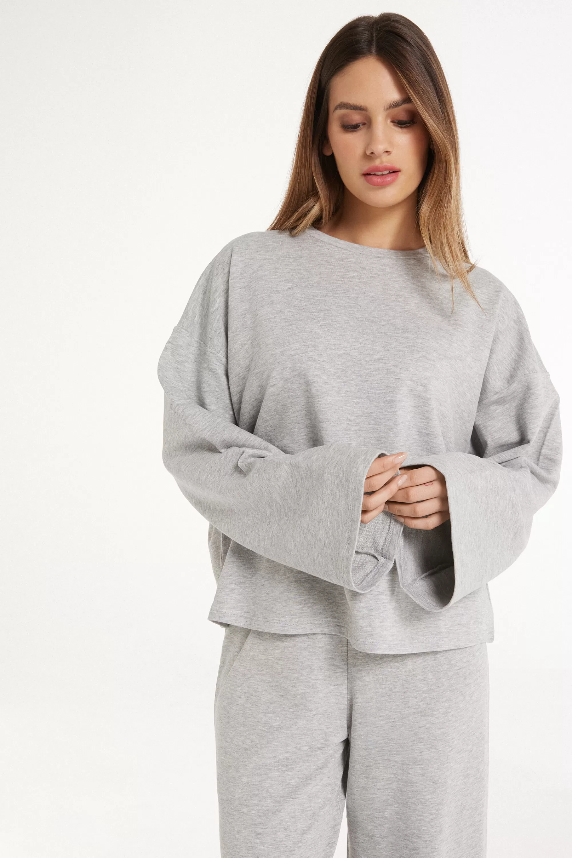 Fashion Maglia In Felpa Manica Lunga In Cotone Comfy - Pigiami Combinabili - Donna | Felpe | Maglie maniche lunghe
