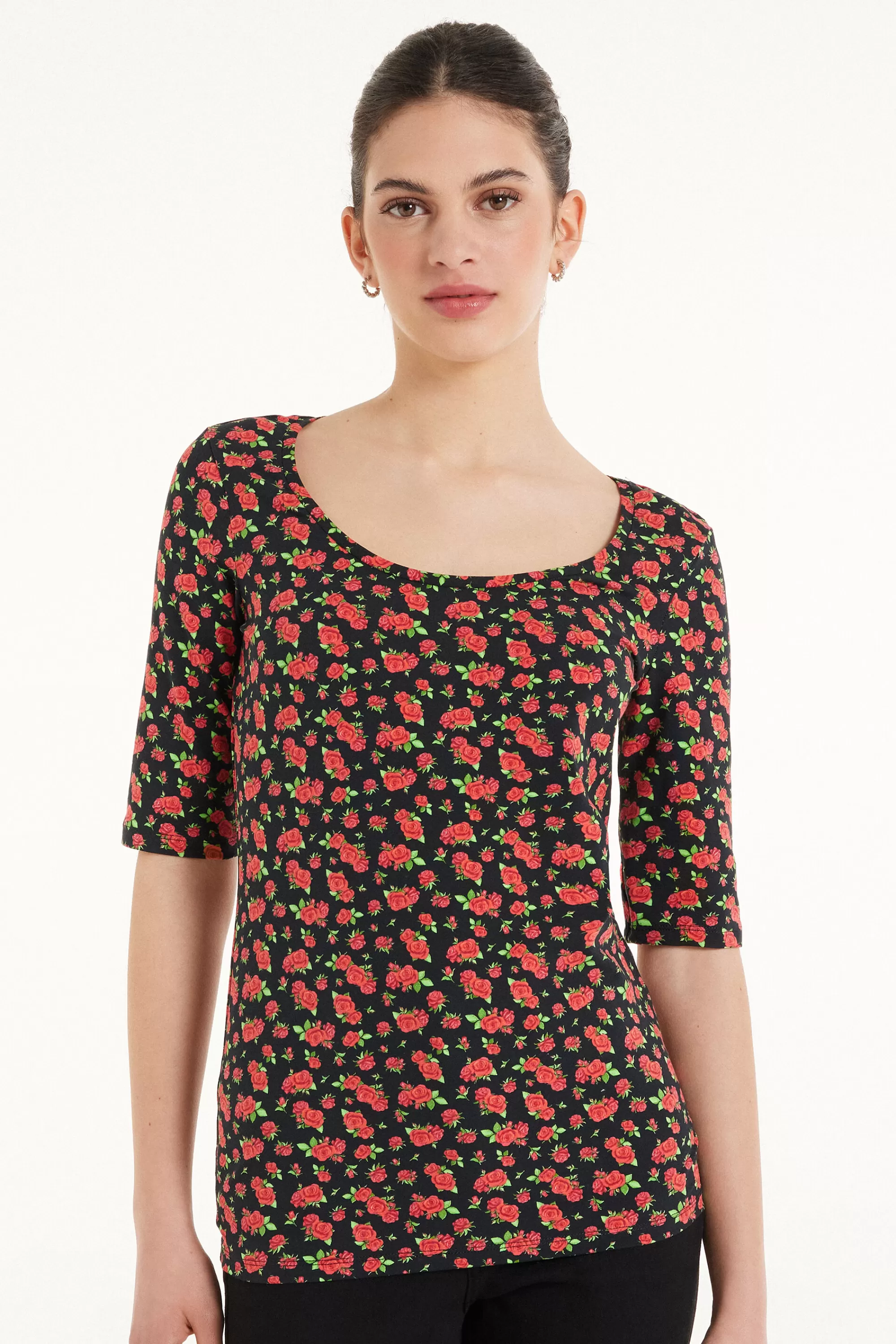 New Maglia Manica Corta Scollo Ampio In Cotone Stampato - Magliette Maniche Corte - Donna | Magliette maniche corte
