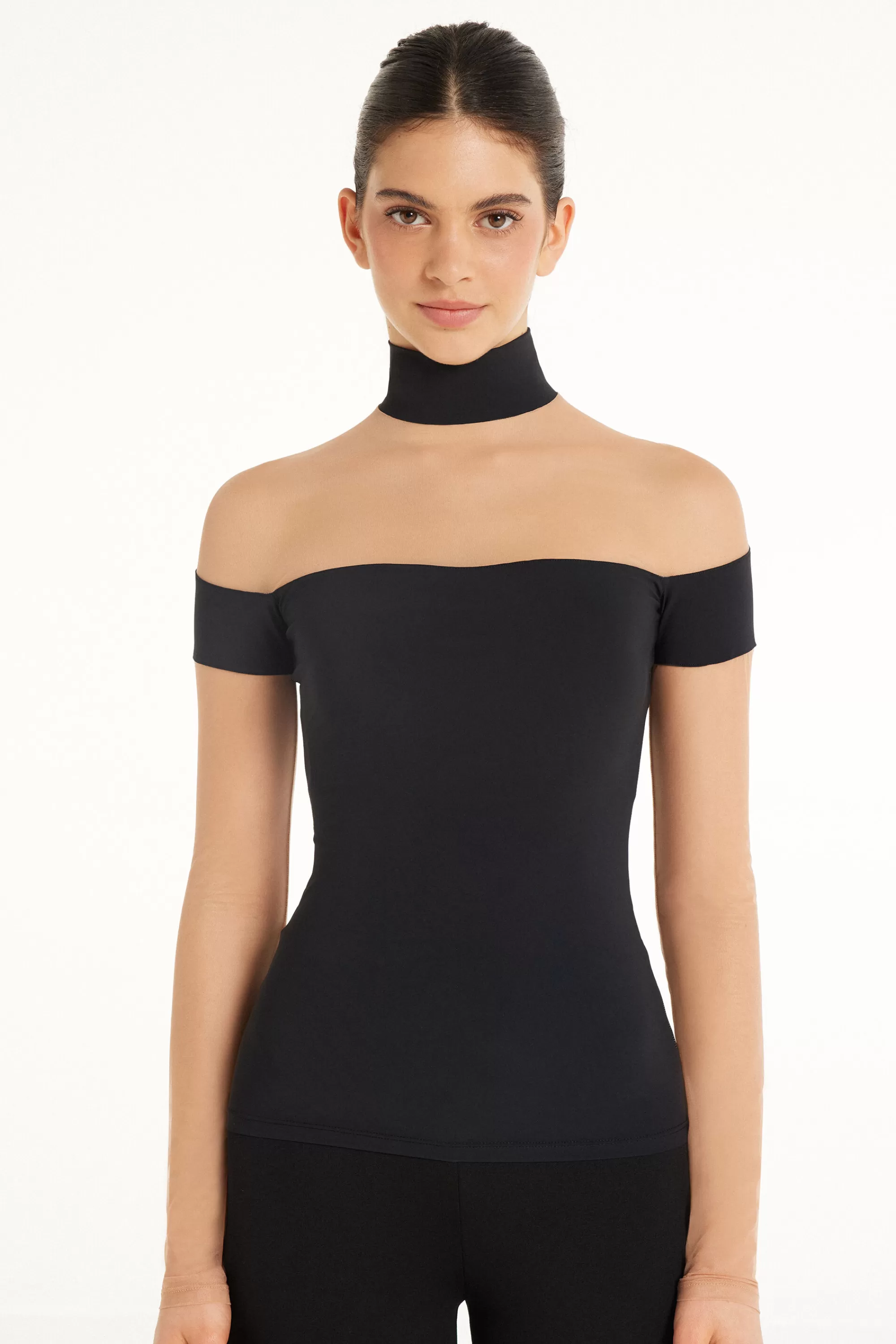 Store Maglia Manica Lunga Bicolore Tulle E Microfibra - Maglie Maniche Lunghe - Donna | Maglie maniche lunghe