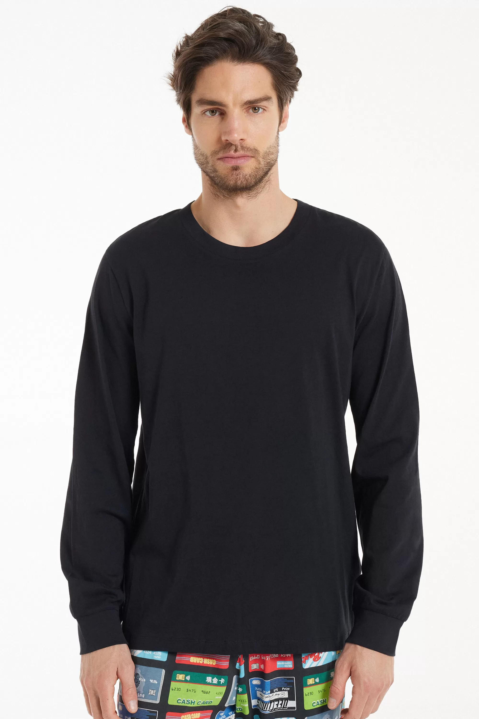 Outlet Maglia Manica Lunga Girocollo In Cotone Con Stampa - Pigiami Lunghi - Uomo | Pigiami lunghi