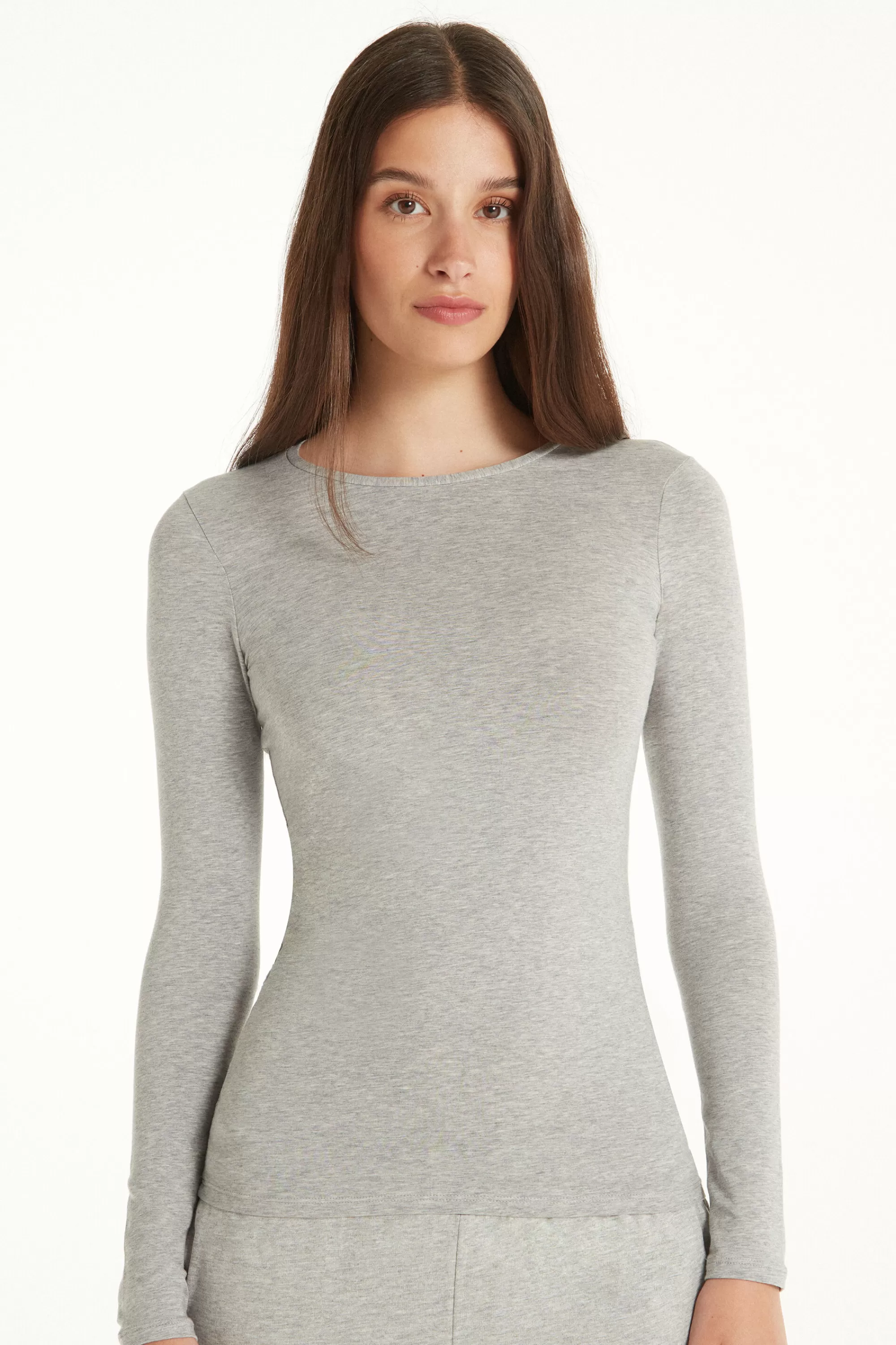 Shop Maglia Manica Lunga Girocollo In Cotone Elasticizzato - Maglie Maniche Lunghe - Donna | Maglie maniche lunghe