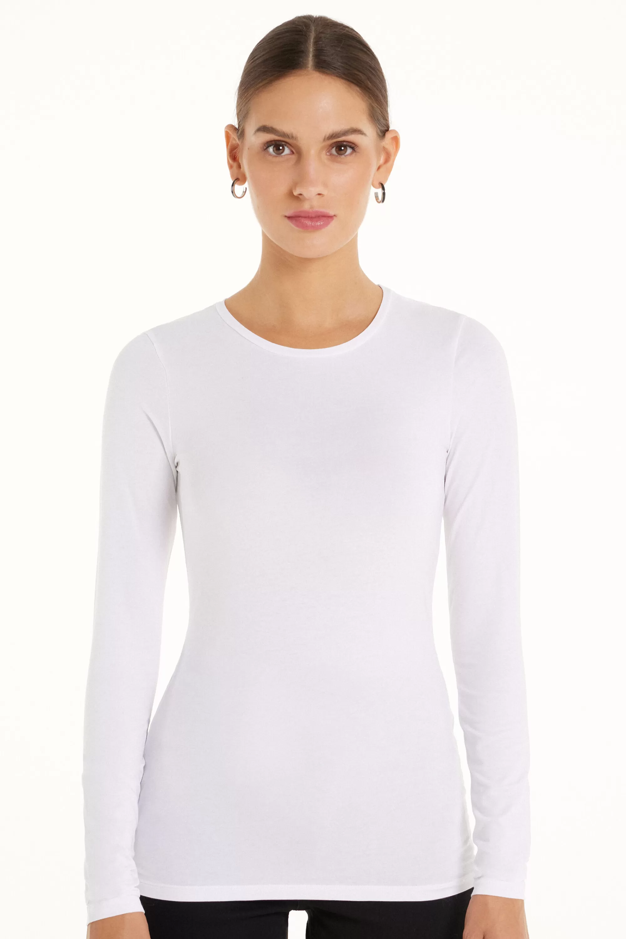 Sale Maglia Manica Lunga Girocollo In Cotone Elasticizzato - Maglie Maniche Lunghe - Donna | Maglie maniche lunghe