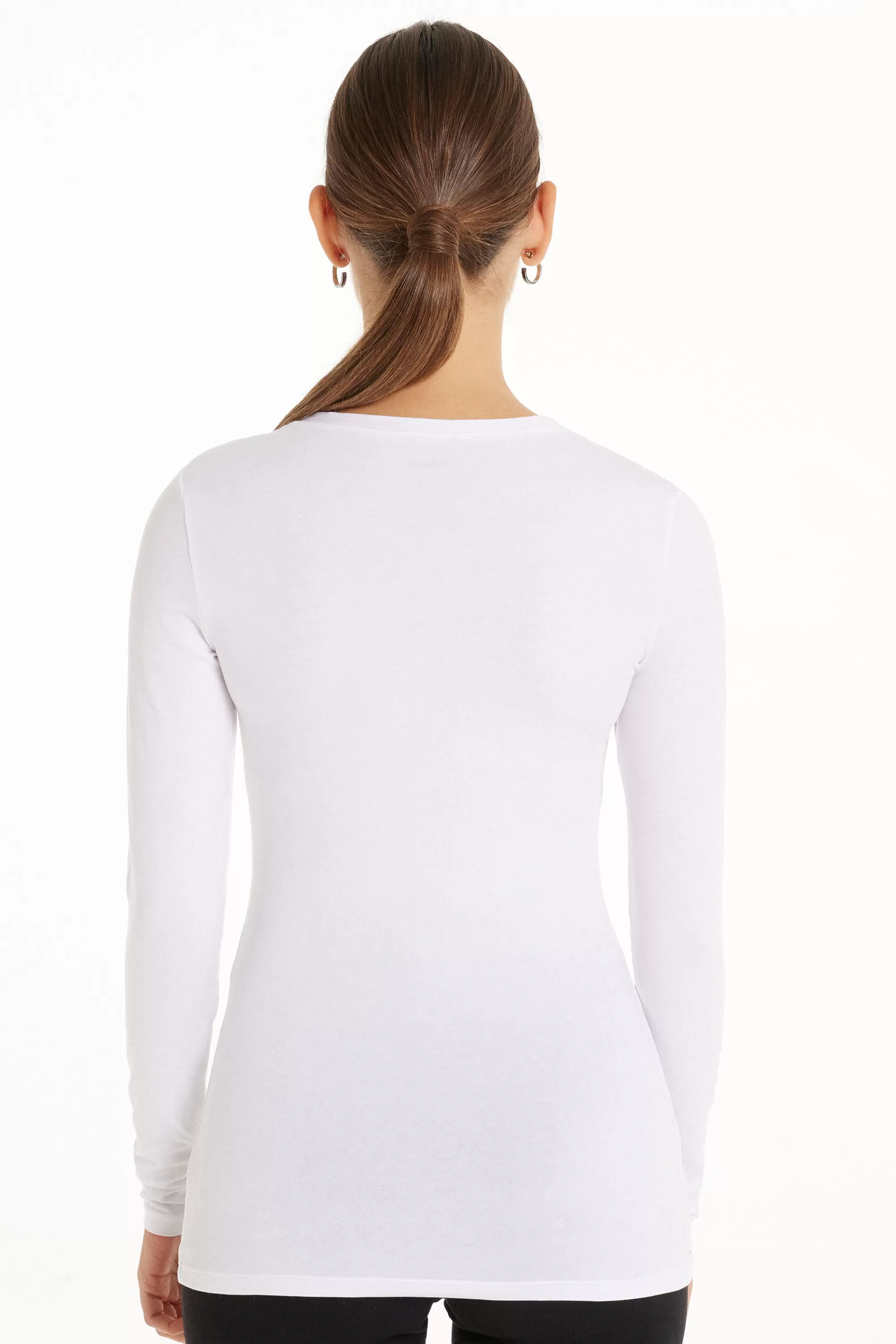 Sale Maglia Manica Lunga Girocollo In Cotone Elasticizzato - Maglie Maniche Lunghe - Donna | Maglie maniche lunghe