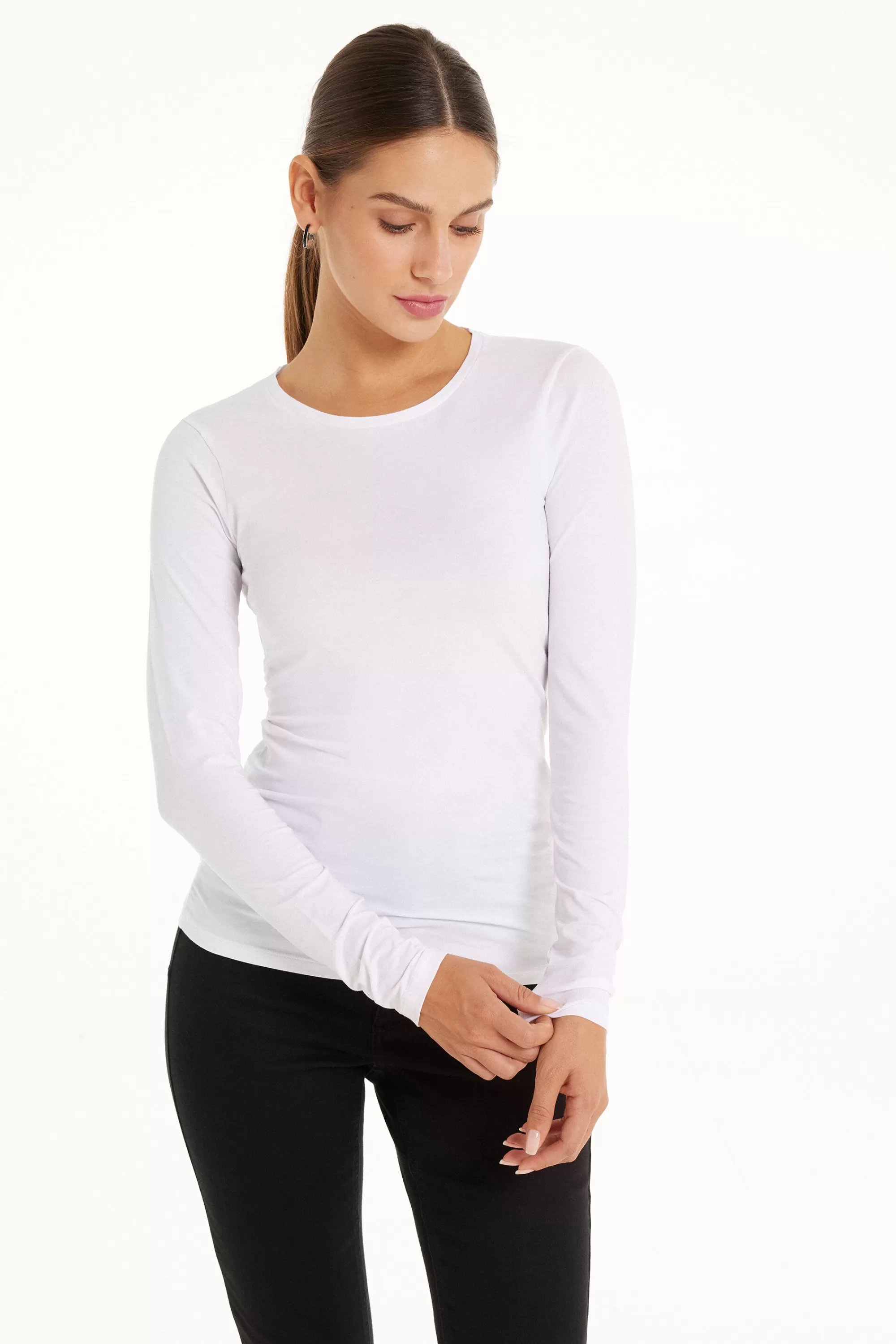 Sale Maglia Manica Lunga Girocollo In Cotone Elasticizzato - Maglie Maniche Lunghe - Donna | Maglie maniche lunghe