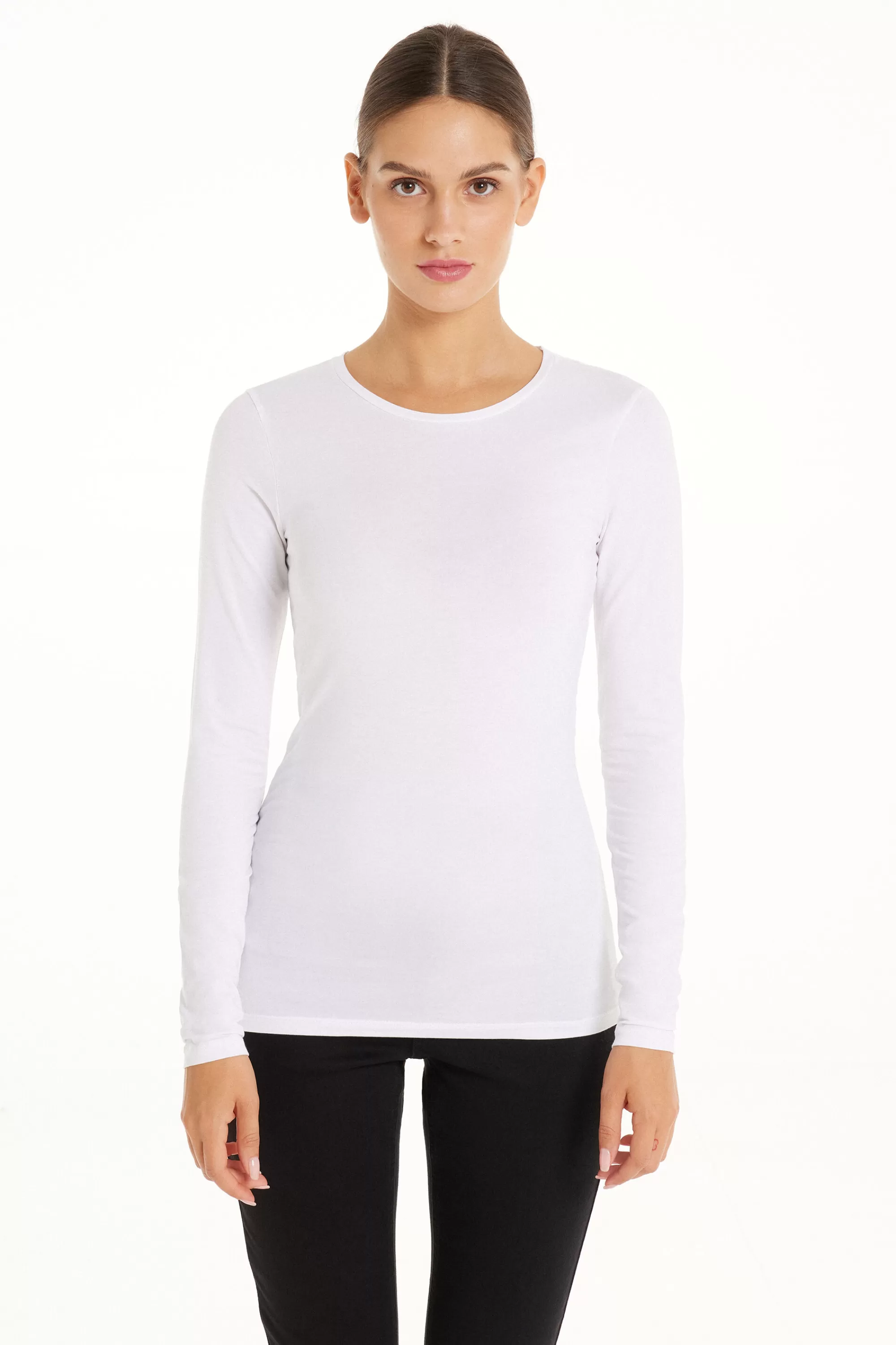 Sale Maglia Manica Lunga Girocollo In Cotone Elasticizzato - Maglie Maniche Lunghe - Donna | Maglie maniche lunghe