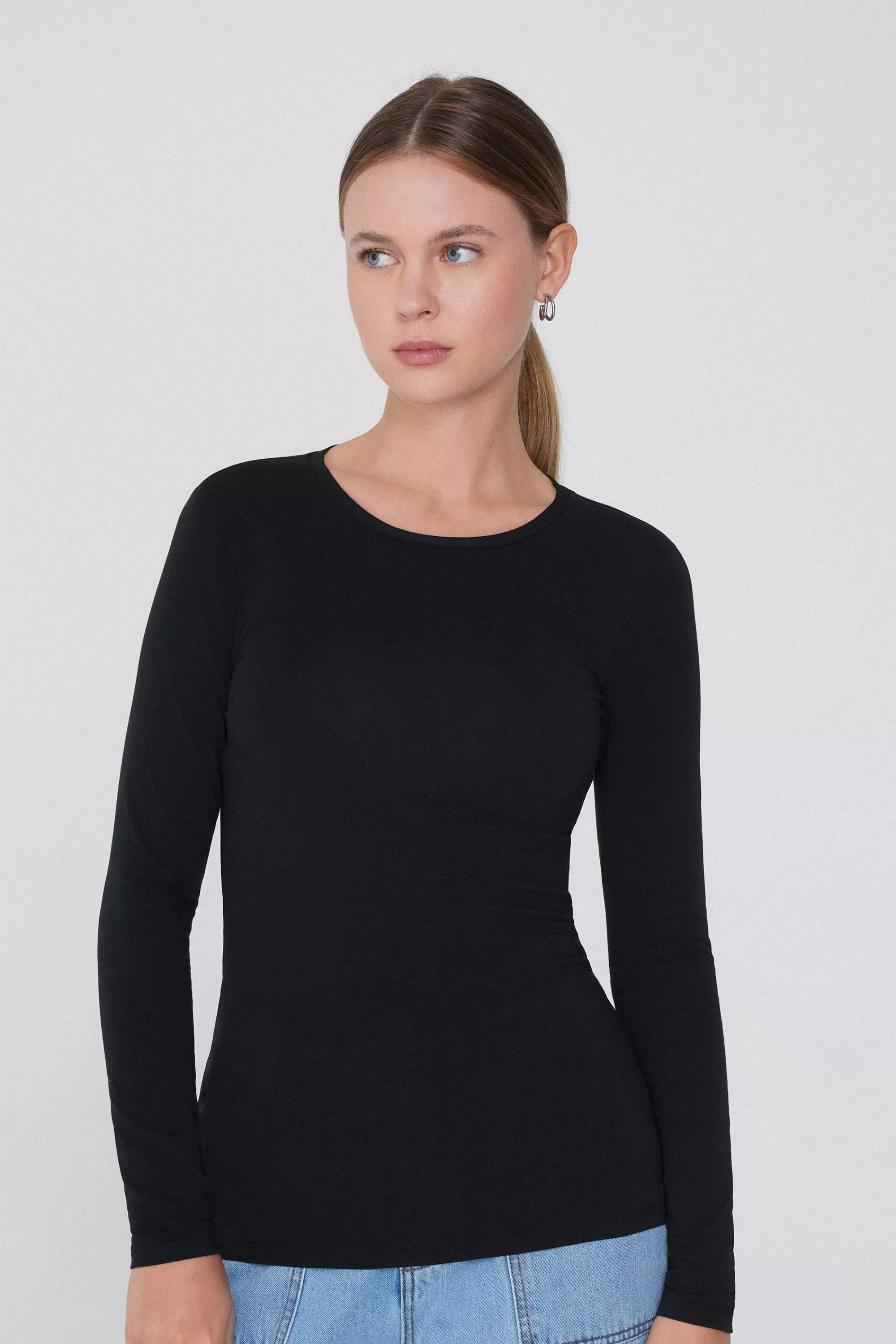 Hot Maglia Manica Lunga Girocollo In Cotone Elasticizzato - Maglie Maniche Lunghe - Donna | Maglie maniche lunghe
