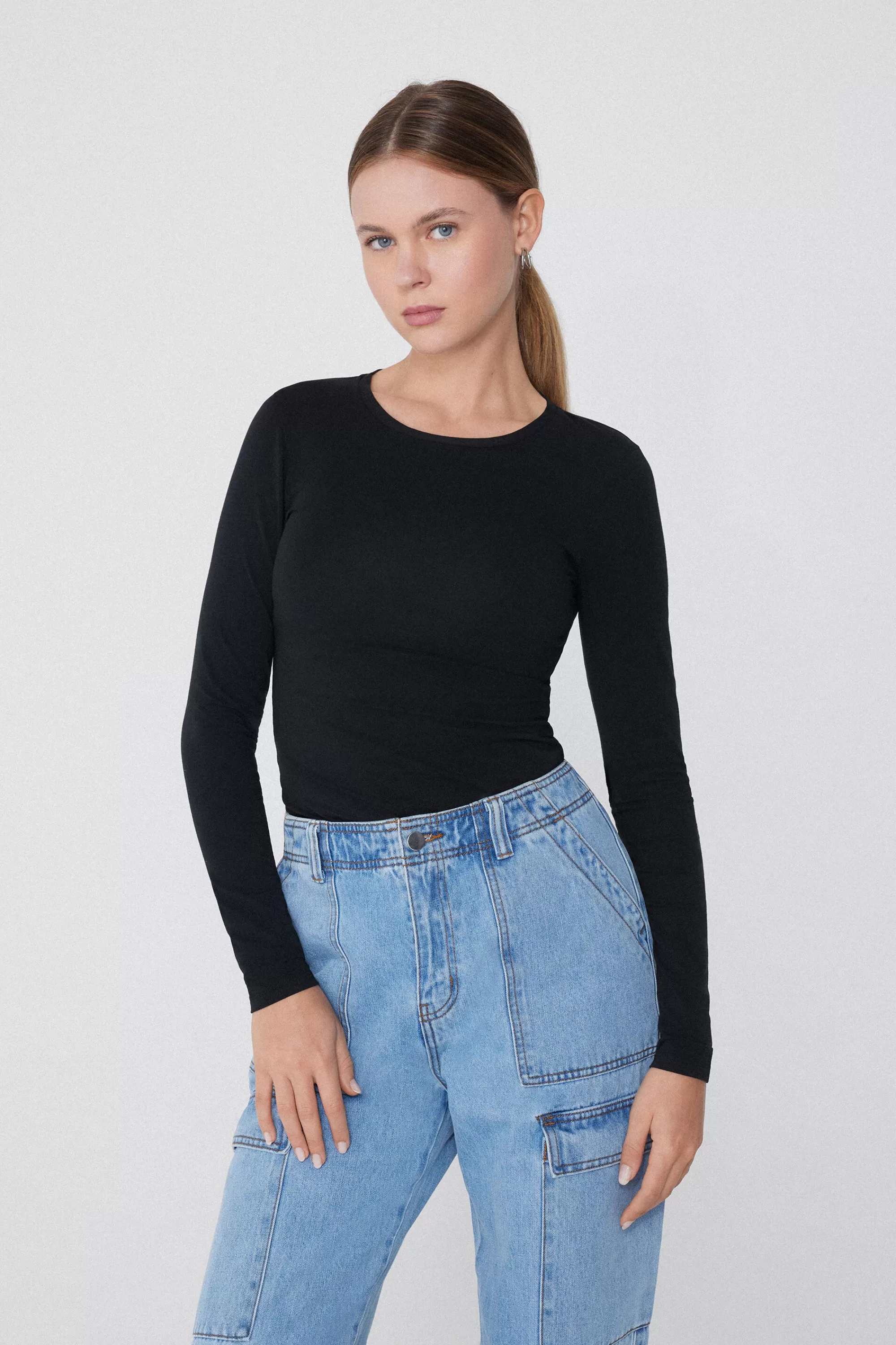 Hot Maglia Manica Lunga Girocollo In Cotone Elasticizzato - Maglie Maniche Lunghe - Donna | Maglie maniche lunghe